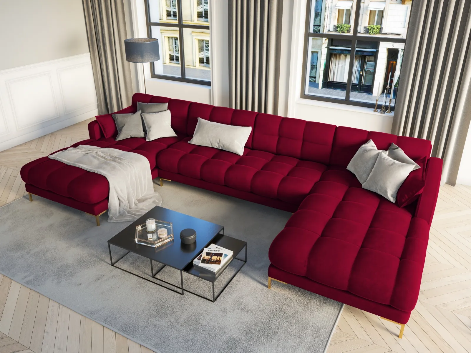 Mamaia 6-Sitzer Panorama-Sofa symmetrisch, Beine Goldmetall, mit Bezug aus Samt oder Strukturstoff, 383x185 cm - Image 90