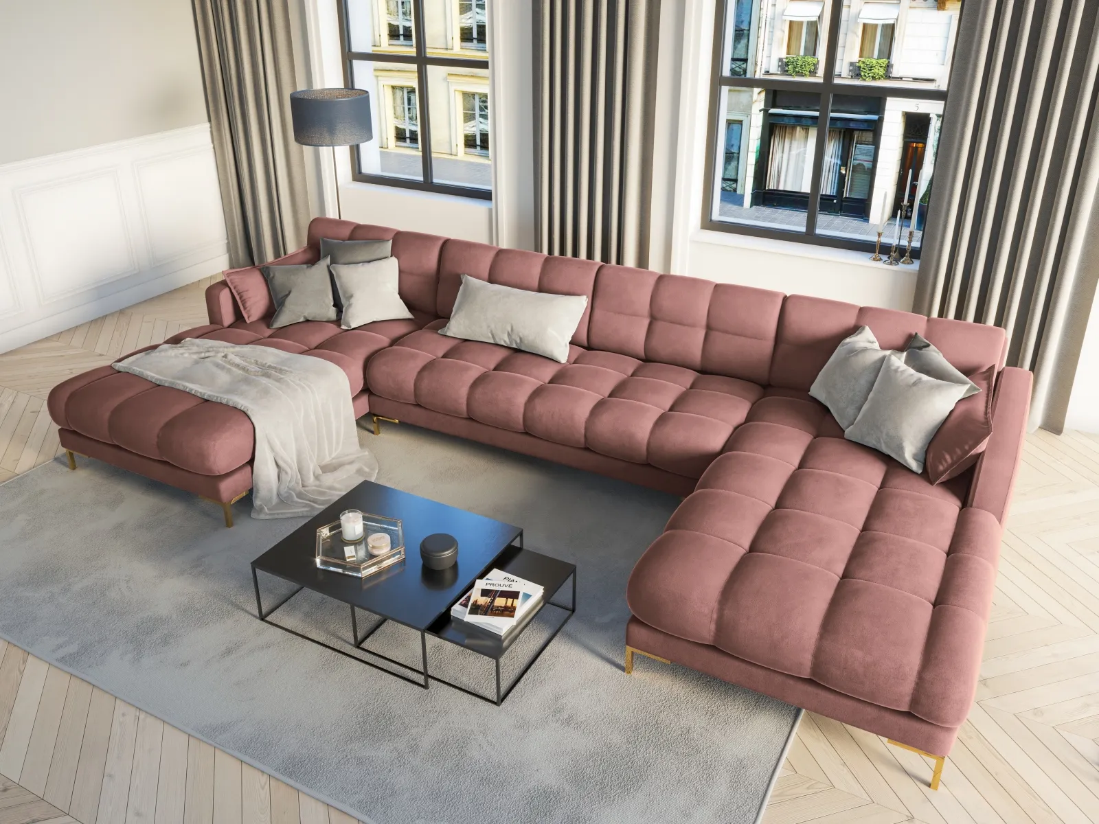Mamaia 6-Sitzer Panorama-Sofa symmetrisch, Beine Goldmetall, mit Bezug aus Samt oder Strukturstoff, 383x185 cm - Image 98