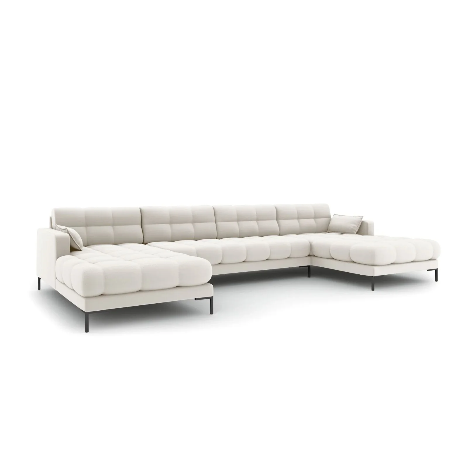 Mamaia 6-Sitzer Panorama-Sofa symmetrisch, Metallbeine Schwarz, mit Bezug aus Samt oder Strukturstoff, 383x185 cm
