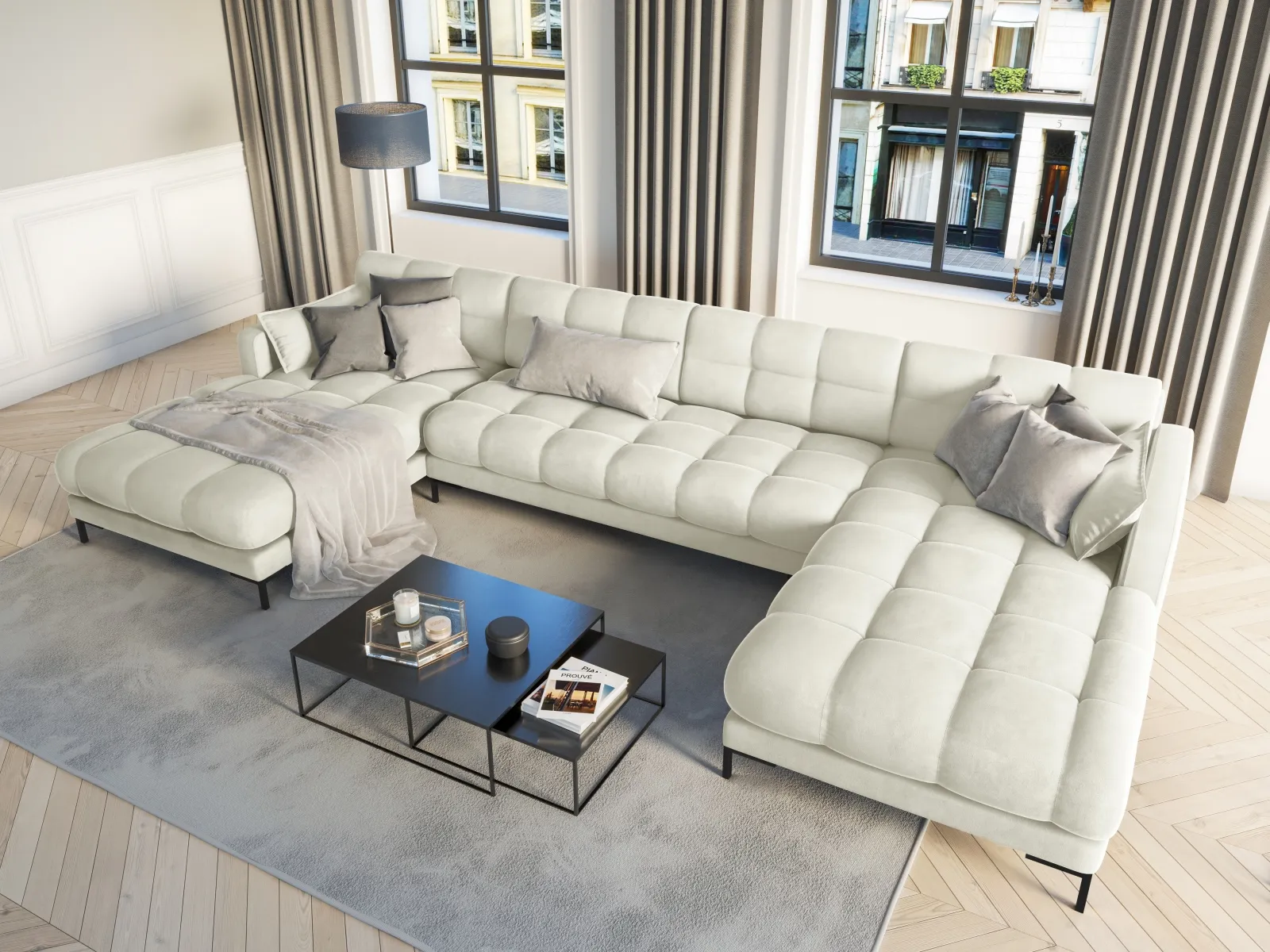 Mamaia 6-Sitzer Panorama-Sofa symmetrisch, Metallbeine Schwarz, mit Bezug aus Samt oder Strukturstoff, 383x185 cm - Image 42