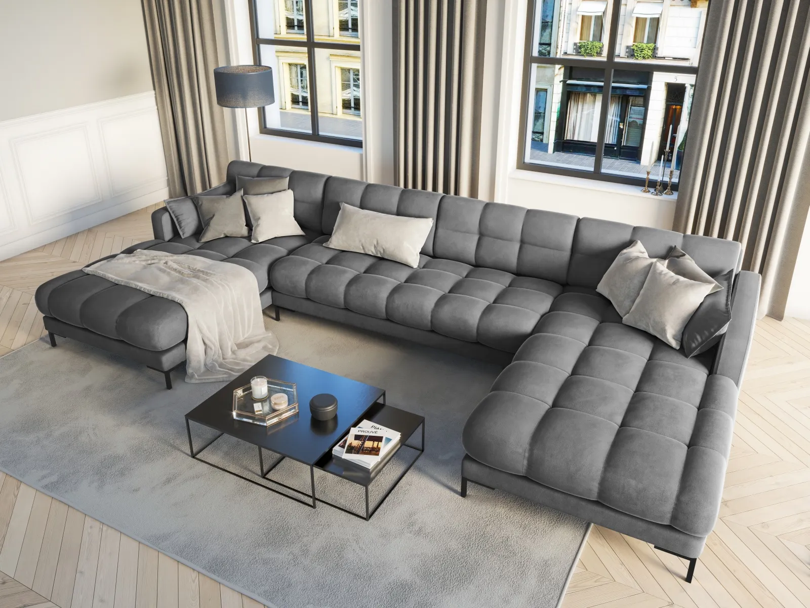 Mamaia 6-Sitzer Panorama-Sofa symmetrisch, Metallbeine Schwarz, mit Bezug aus Samt oder Strukturstoff, 383x185 cm - Image 58
