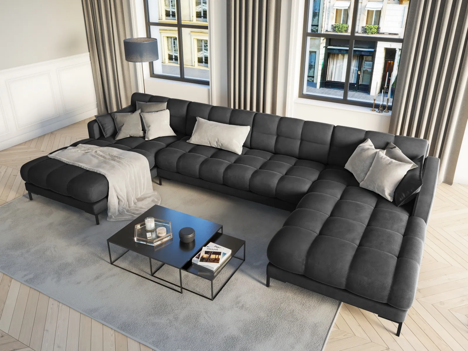 Mamaia 6-Sitzer Panorama-Sofa symmetrisch, Metallbeine Schwarz, mit Bezug aus Samt oder Strukturstoff, 383x185 cm - Image 66