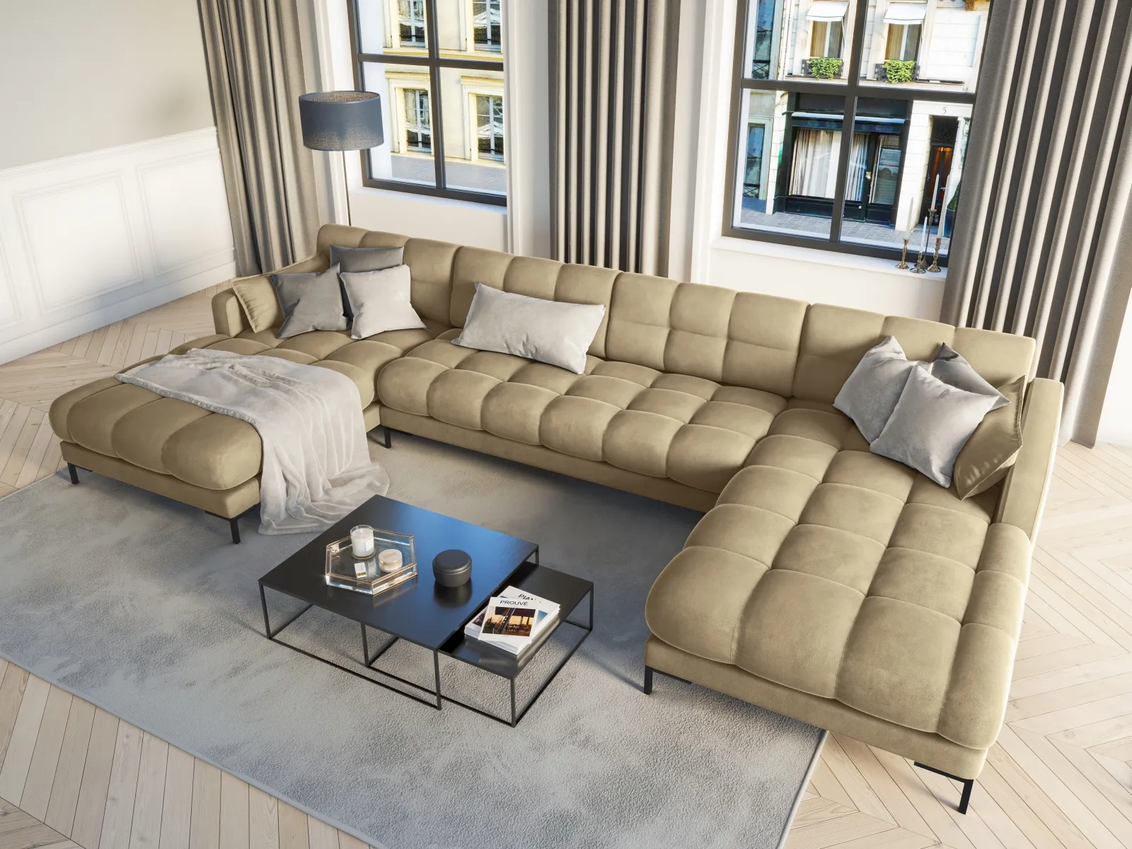 Mamaia 6-Sitzer Panorama-Sofa symmetrisch, Metallbeine Schwarz, mit Bezug aus Samt oder Strukturstoff, 383x185 cm - Image 82