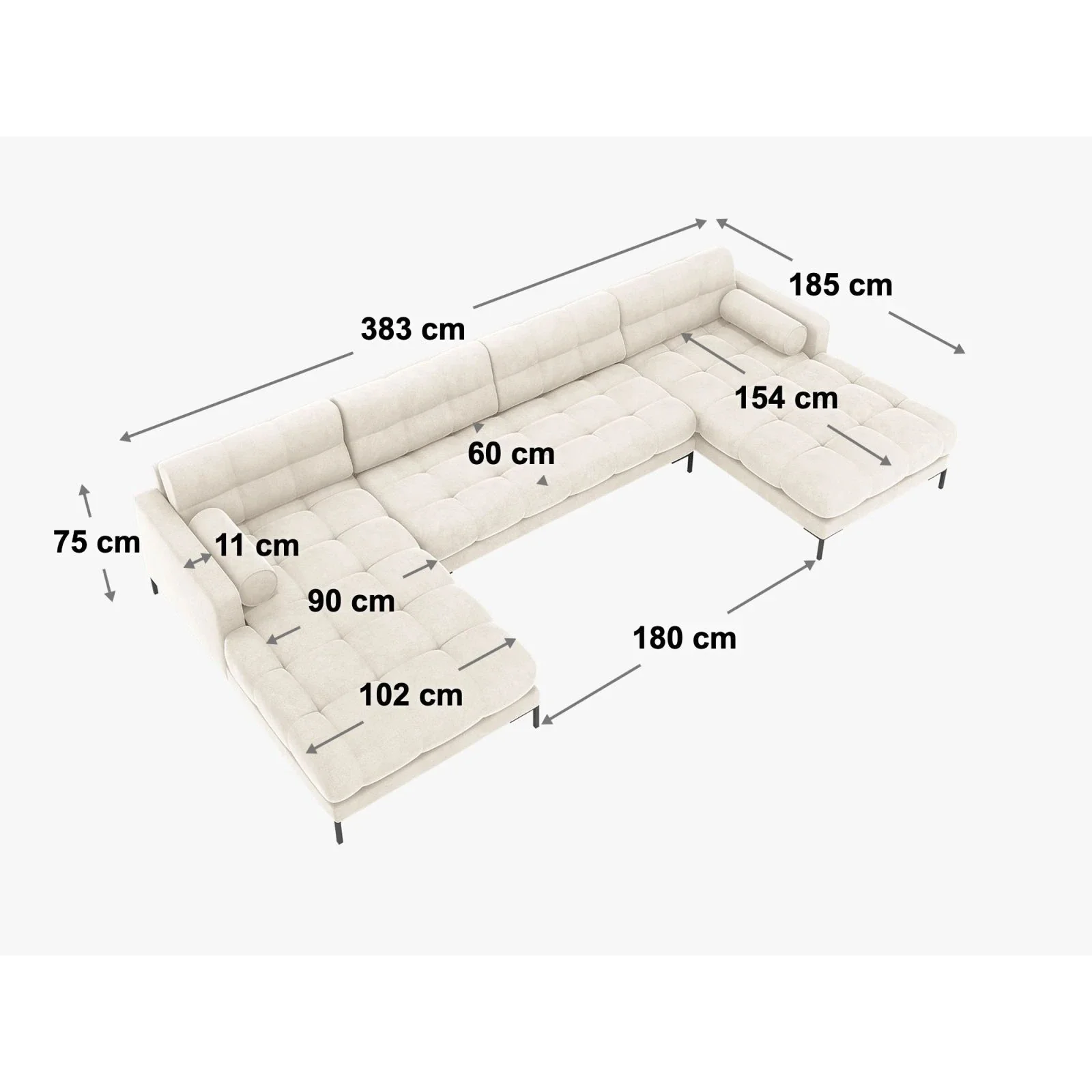 Mamaia 6-Sitzer Panorama-Sofa symmetrisch, Metallbeine Schwarz, mit Bezug aus Samt oder Strukturstoff, 383x185 cm - Image 9