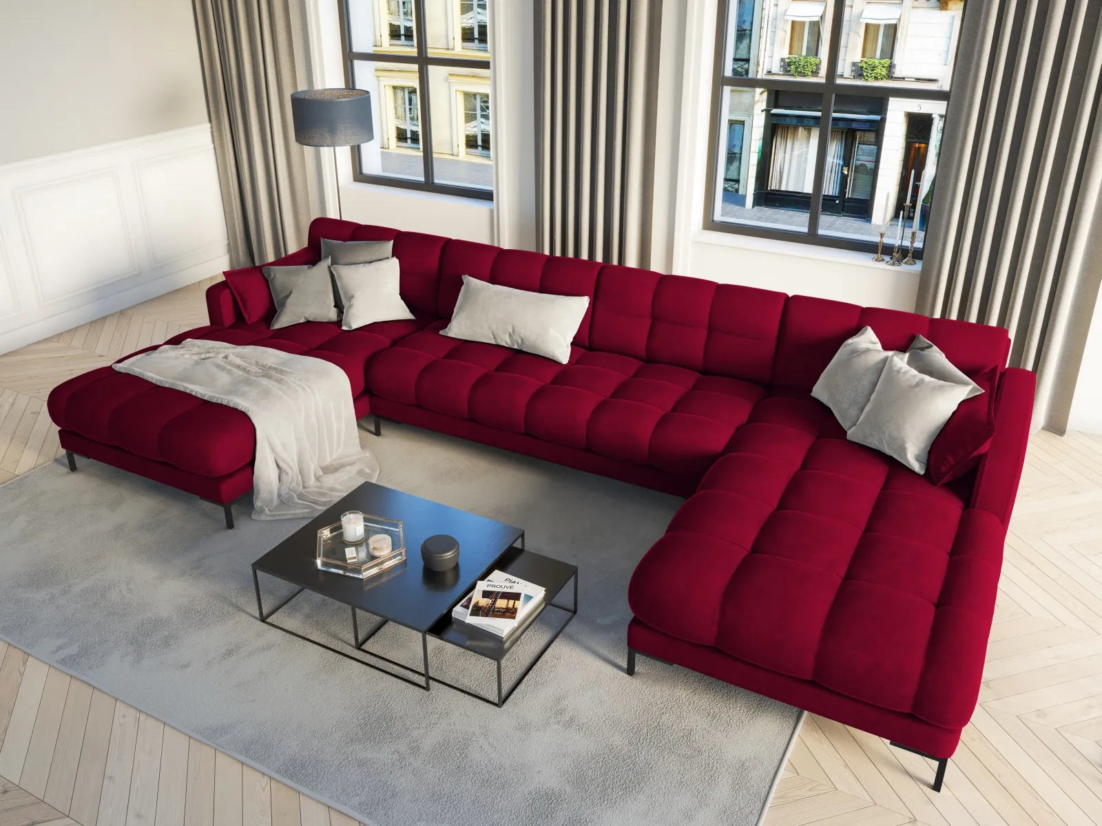 Mamaia 6-Sitzer Panorama-Sofa symmetrisch, Metallbeine Schwarz, mit Bezug aus Samt oder Strukturstoff, 383x185 cm - Image 90