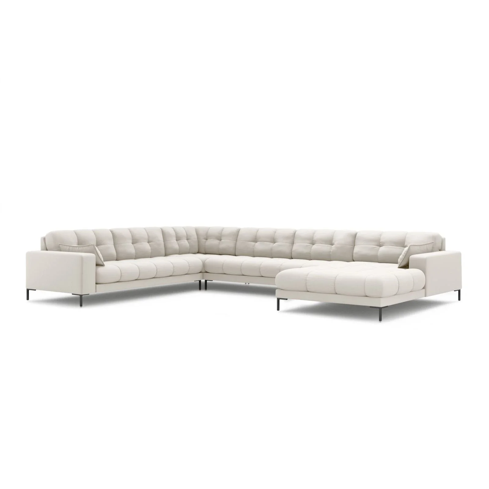 Mamaia 7-Sitzer Panorama-Ecksofa, Linke Seite, Metallbeine Schwarz, mit Bezug aus Samt oder Strukturstoff, 327x256 cm