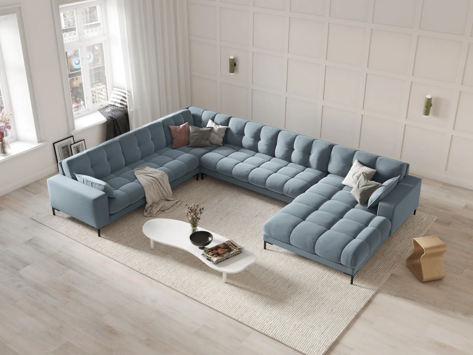 Mamaia 7-Sitzer Panorama-Ecksofa, Linke Seite, Metallbeine Schwarz, mit Bezug aus Samt oder Strukturstoff, 327x256 cm - Image 112