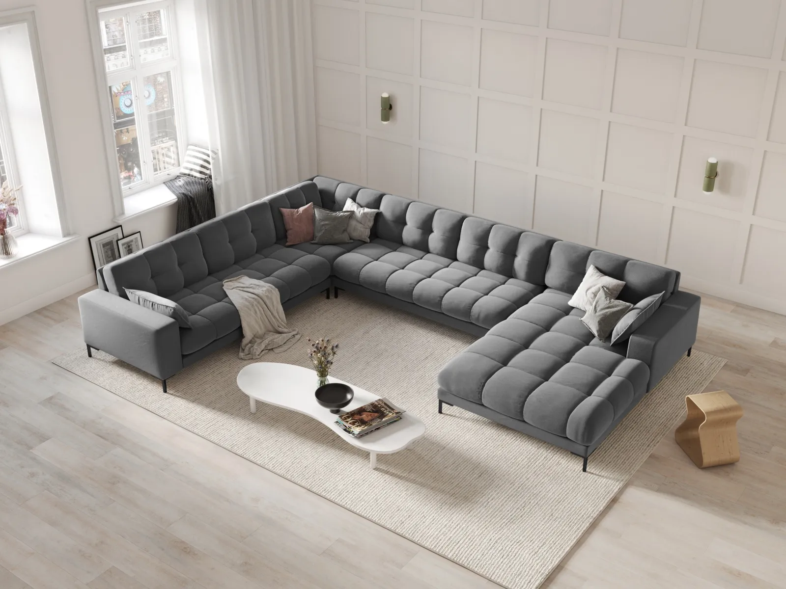 Mamaia 7-Sitzer Panorama-Ecksofa, Linke Seite, Metallbeine Schwarz, mit Bezug aus Samt oder Strukturstoff, 327x256 cm - Image 56