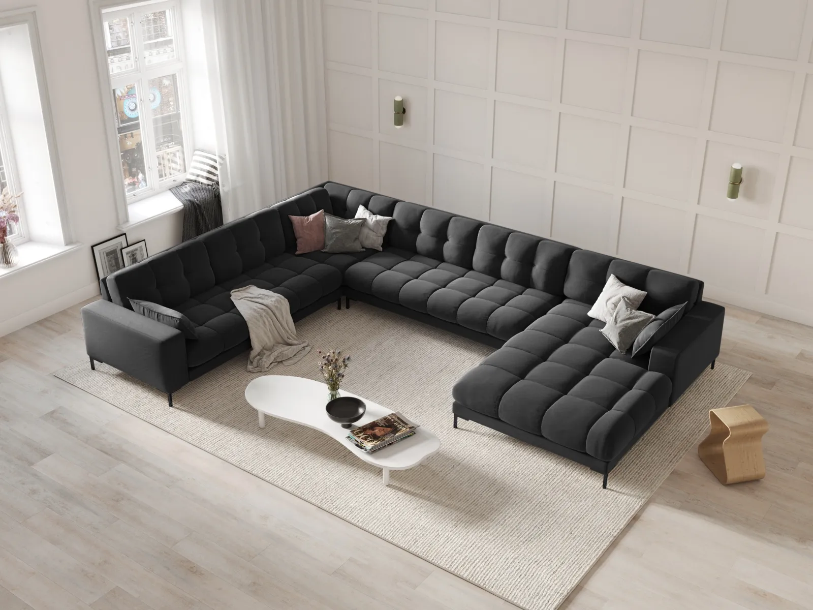 Mamaia 7-Sitzer Panorama-Ecksofa, Linke Seite, Metallbeine Schwarz, mit Bezug aus Samt oder Strukturstoff, 327x256 cm - Image 63