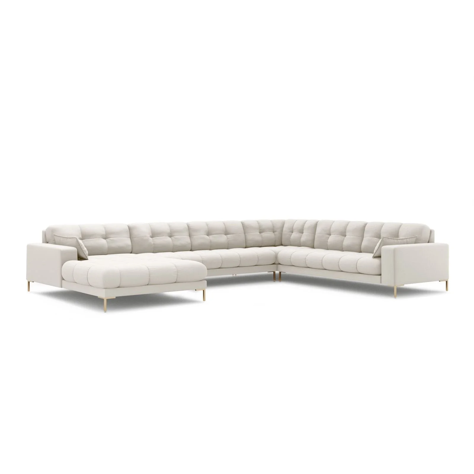 Mamaia 7-Sitzer Panorama-Ecksofa, Rechte Seite, Beine Goldmetall, mit Bezug aus Samt oder Strukturstoff, 327x256 cm