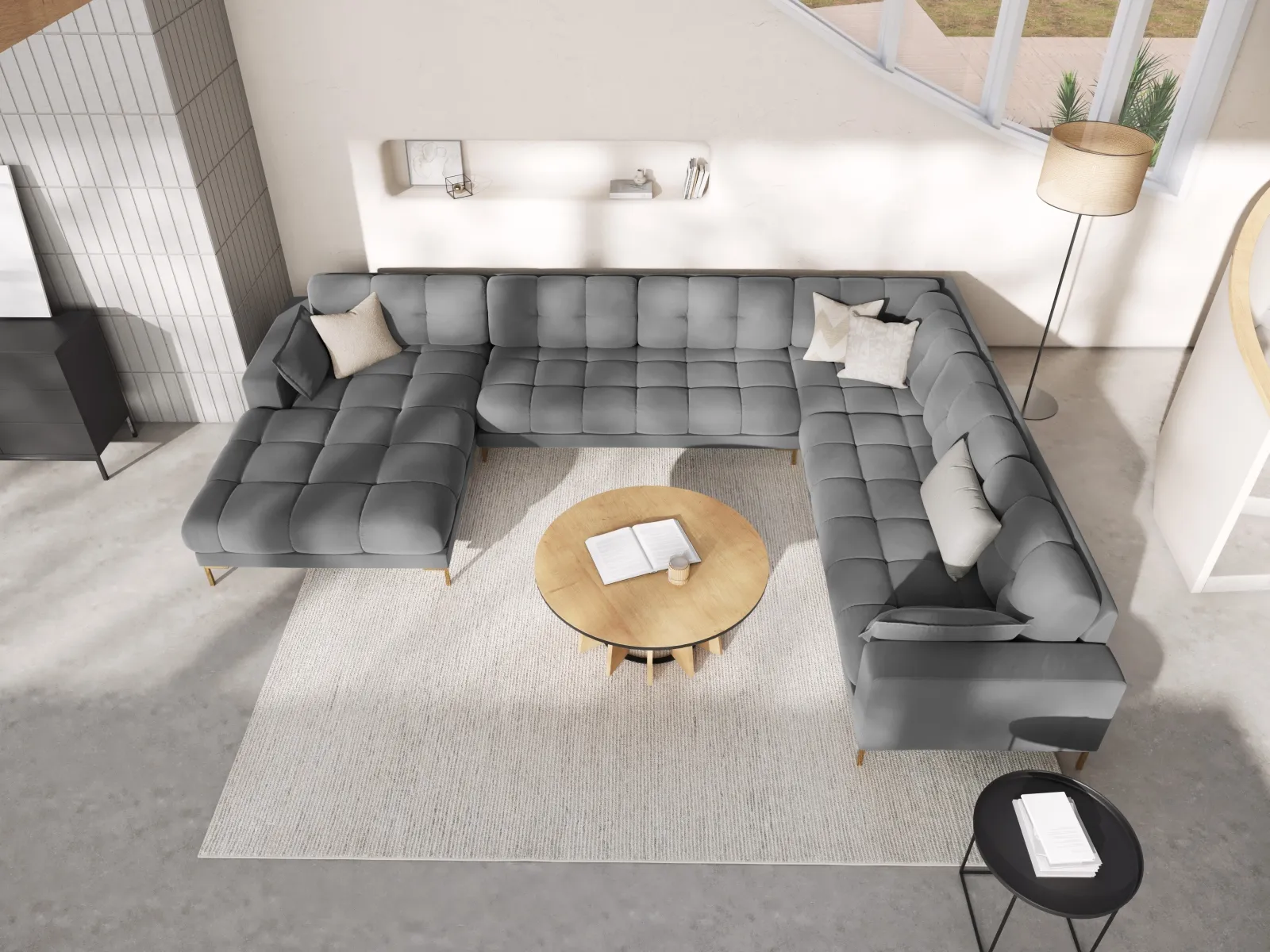 Mamaia 7-Sitzer Panorama-Ecksofa, Rechte Seite, Beine Goldmetall, mit Bezug aus Samt oder Strukturstoff, 327x256 cm - Image 56