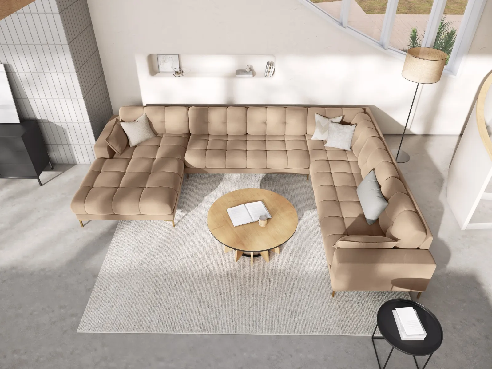 Mamaia 7-Sitzer Panorama-Ecksofa, Rechte Seite, Beine Goldmetall, mit Bezug aus Samt oder Strukturstoff, 327x256 cm - Image 77