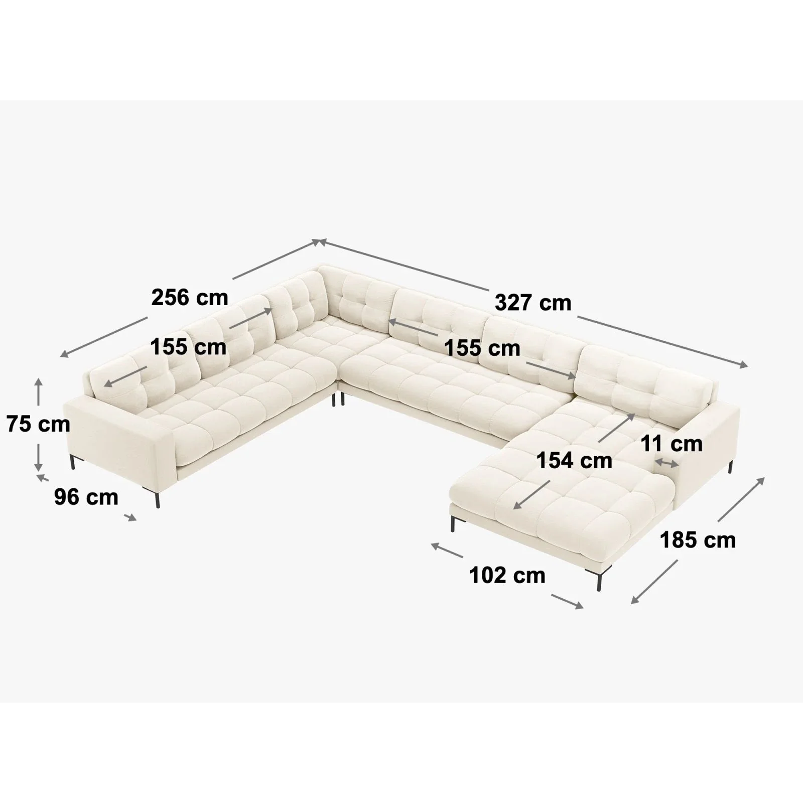 Mamaia 7-Sitzer Panorama-Ecksofa, Rechte Seite, Metallbeine Schwarz, mit Bezug aus Samt oder Strukturstoff, 327x256 cm - Image 39
