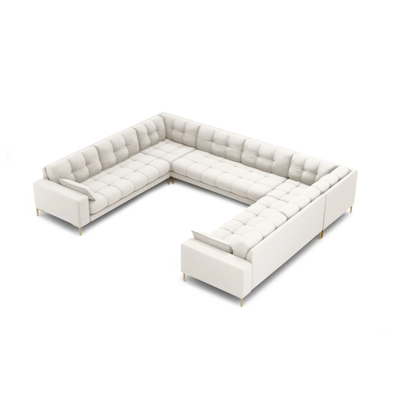 Mamaia 9-Sitzer Panorama-Sofa symmetrisch, Beine Goldmetall, mit Bezug aus Samt oder Strukturstoff, 337x256 cm