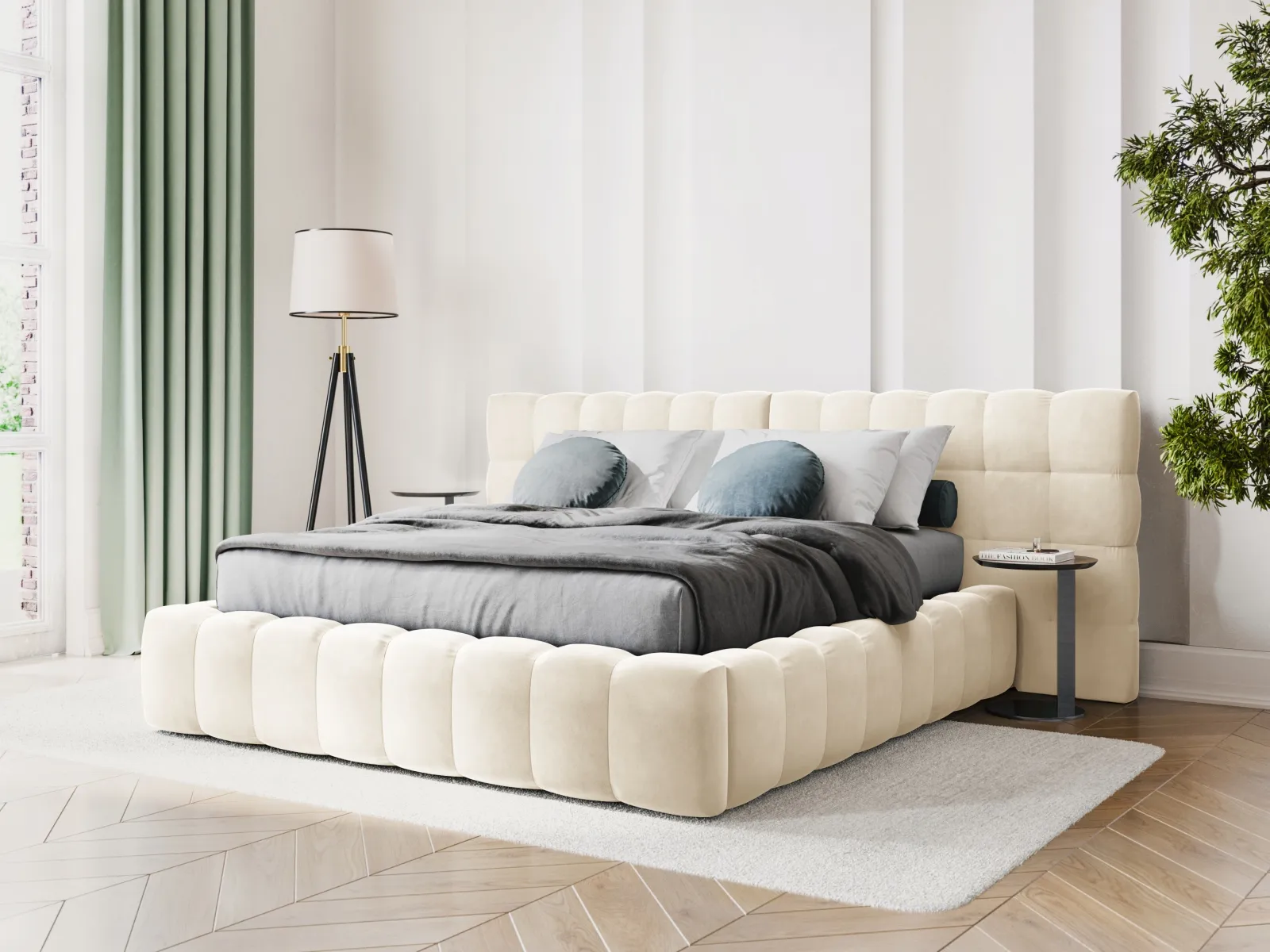 Mamaia Bett mit Stauraum und Doppelkopfteil in Samt oder Strukturstoff, 160x200 cm - Image 51