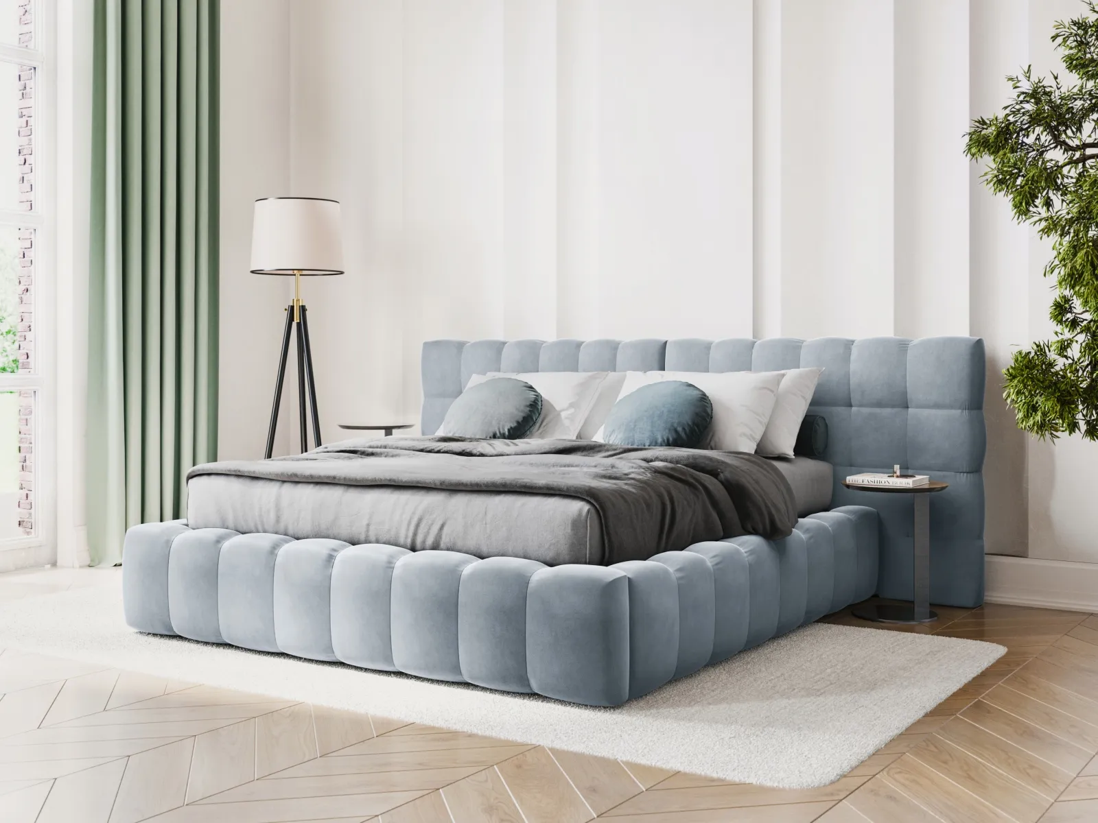 Mamaia Bett mit Stauraum und Doppelkopfteil in Samt oder Strukturstoff, 180x200 cm - Image 59