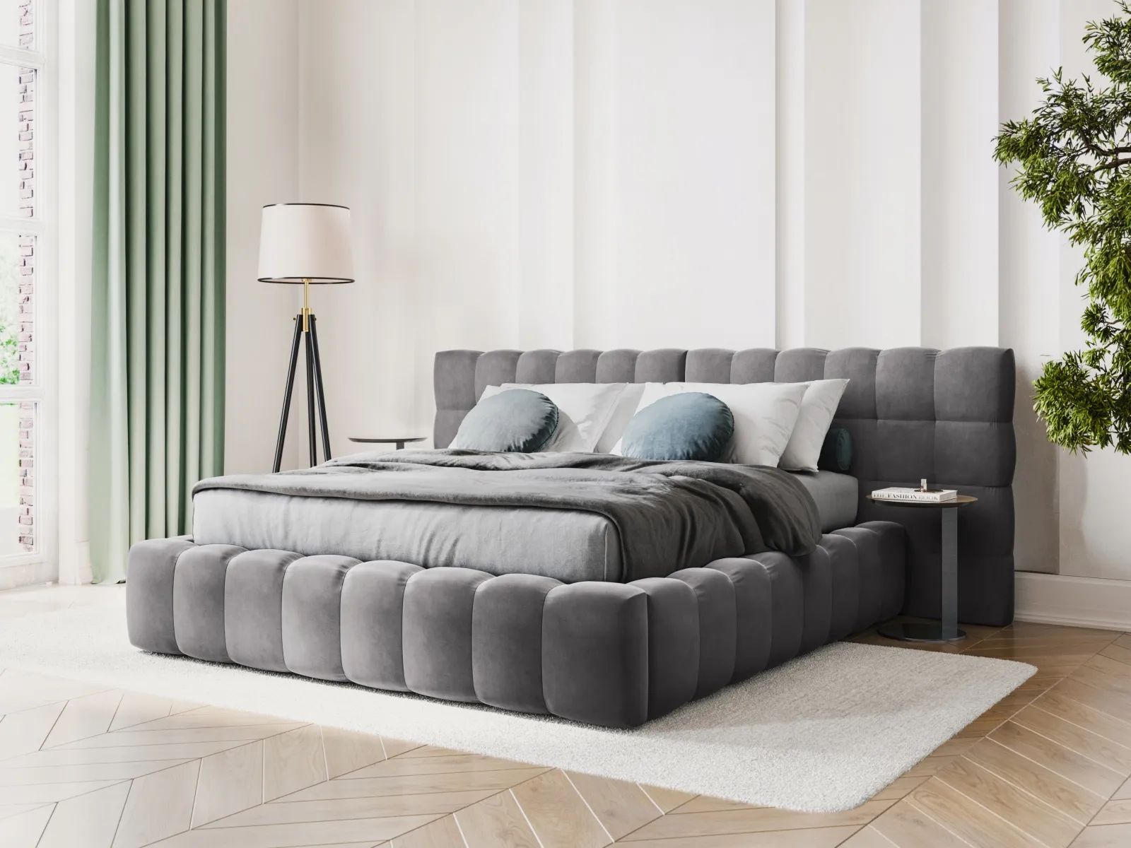 Mamaia Bett mit Stauraum und Doppelkopfteil in Samt oder Strukturstoff, 180x200 cm - Image 91