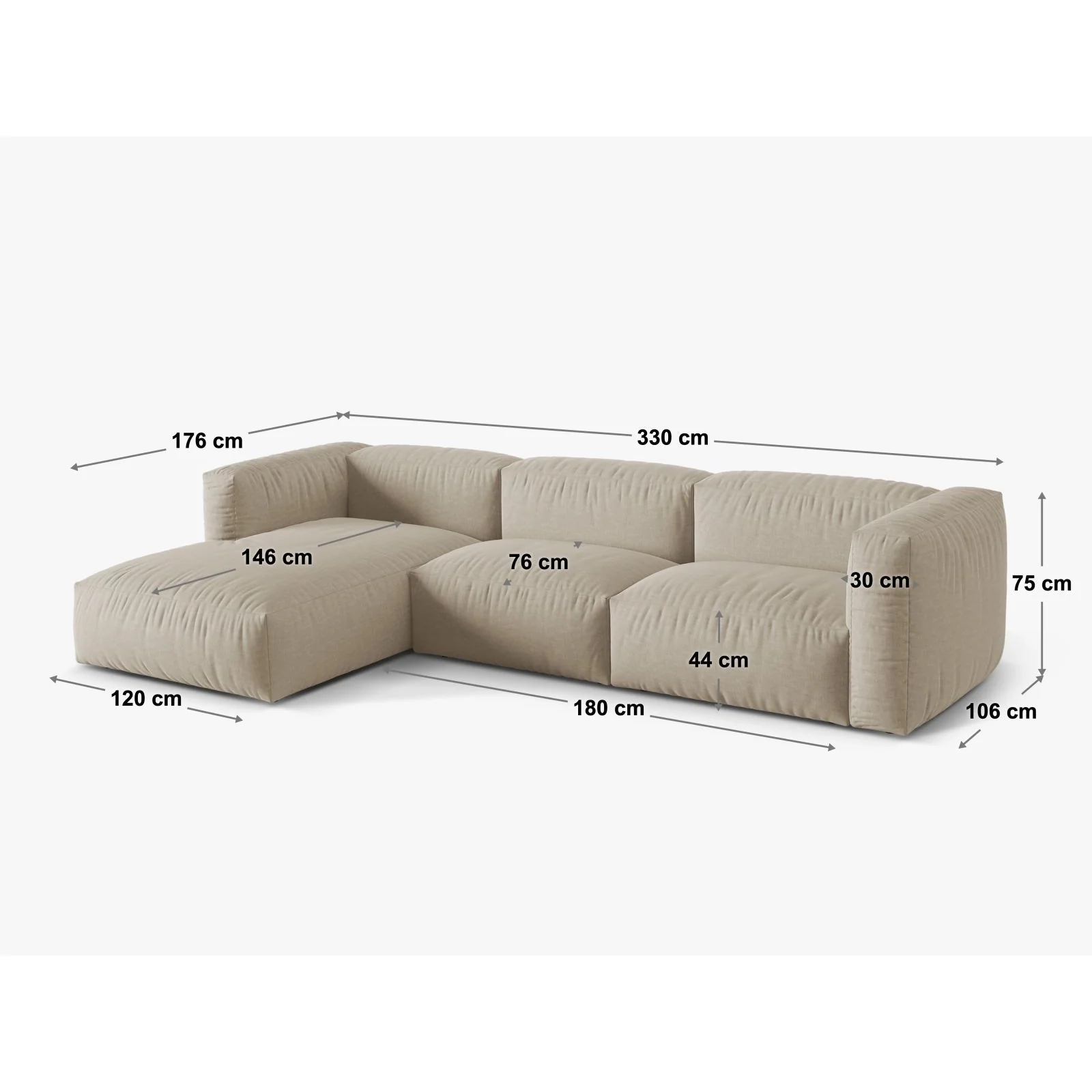 Martina modulares Ecksofa, Linke Seite, Sitztiefe 76 cm, aus Samt, Cord, Boucle oder Strukturstoff, 330x176 cm - Image 26