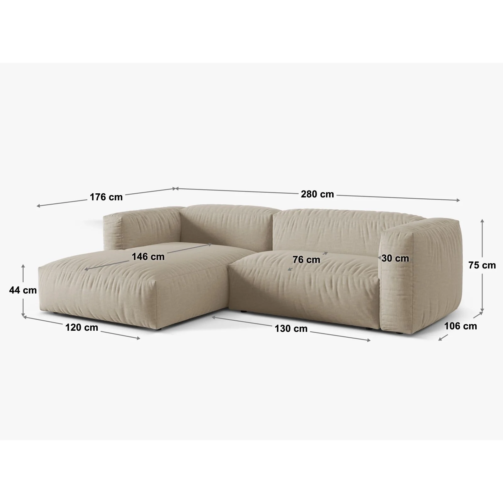 Martina modulares Ecksofa, Rechte Seite, Sitztiefe 76 cm, aus Samt, Cord, Boucle oder Strukturstoff, 280x176 cm - Image 8