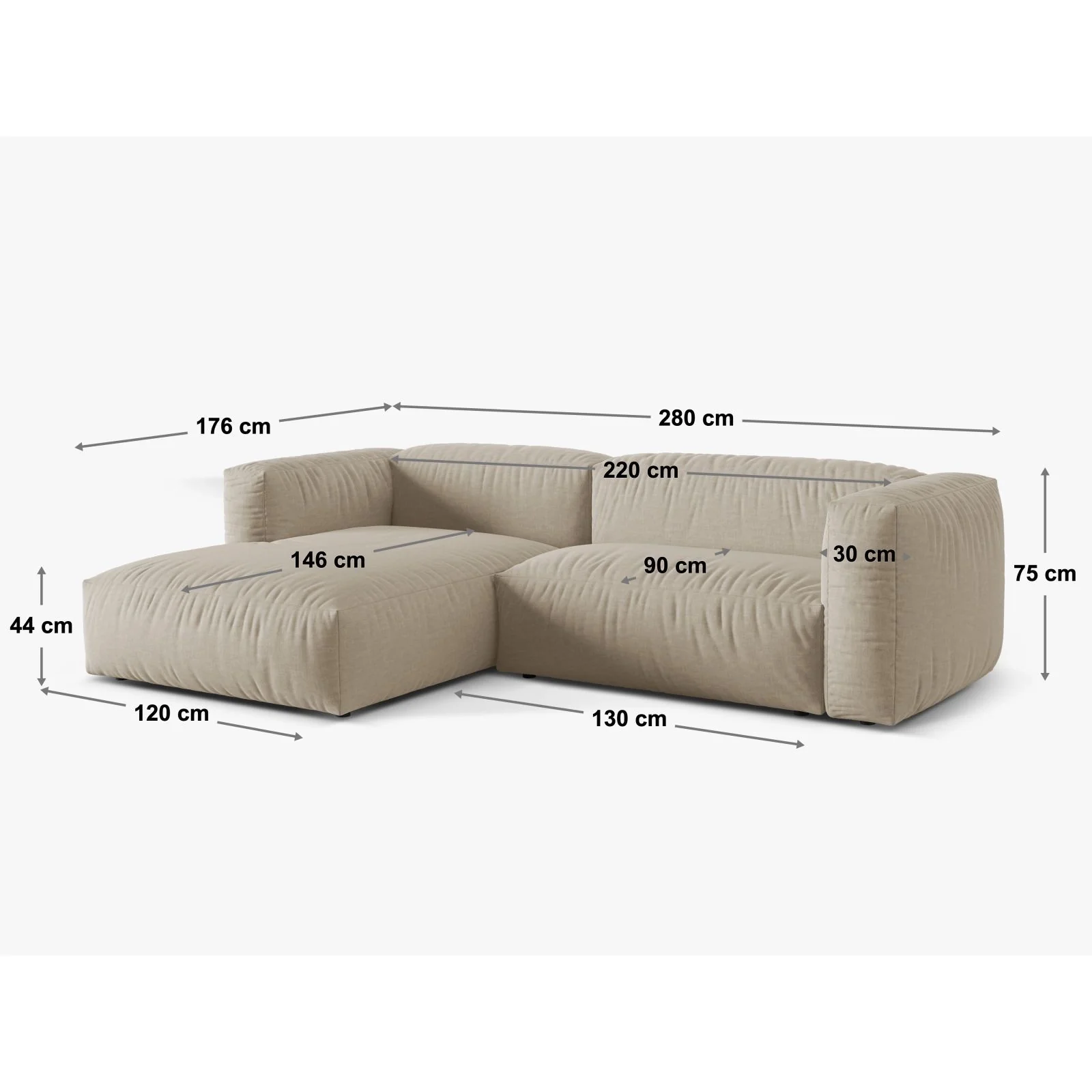 Martina modulares Ecksofa, Rechte Seite, Sitztiefe 90 cm, aus Samt, Cord, Boucle oder Strukturstoff, 280x176 cm - Image 38