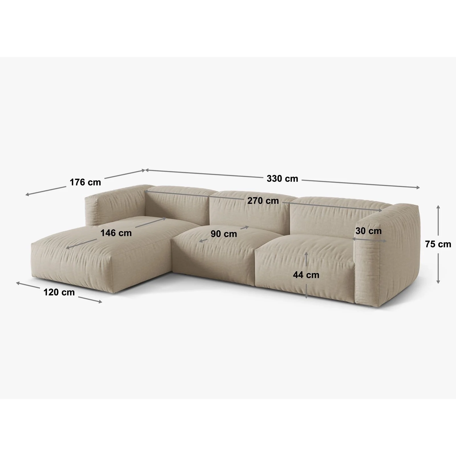 Martina modulares Ecksofa, Rechte Seite, Sitztiefe 90 cm, aus Samt, Cord, Boucle oder Strukturstoff, 330x176 cm - Image 140