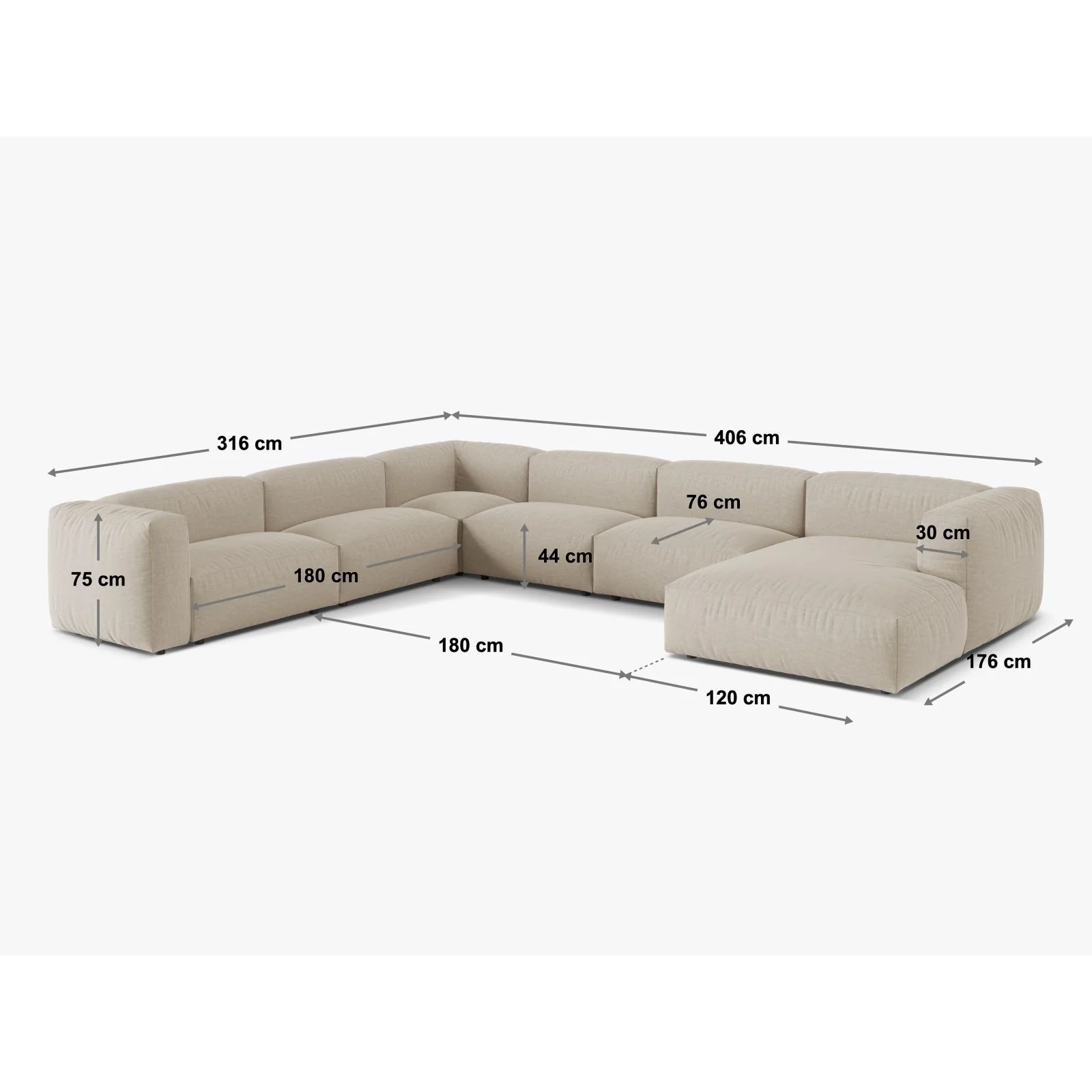 Martina modulares Panoramasofa, Rechte Seite, Sitztiefe 76 cm, aus Samt, Cord, Boucle oder Strukturstoff, 406x316 cm - Image 112