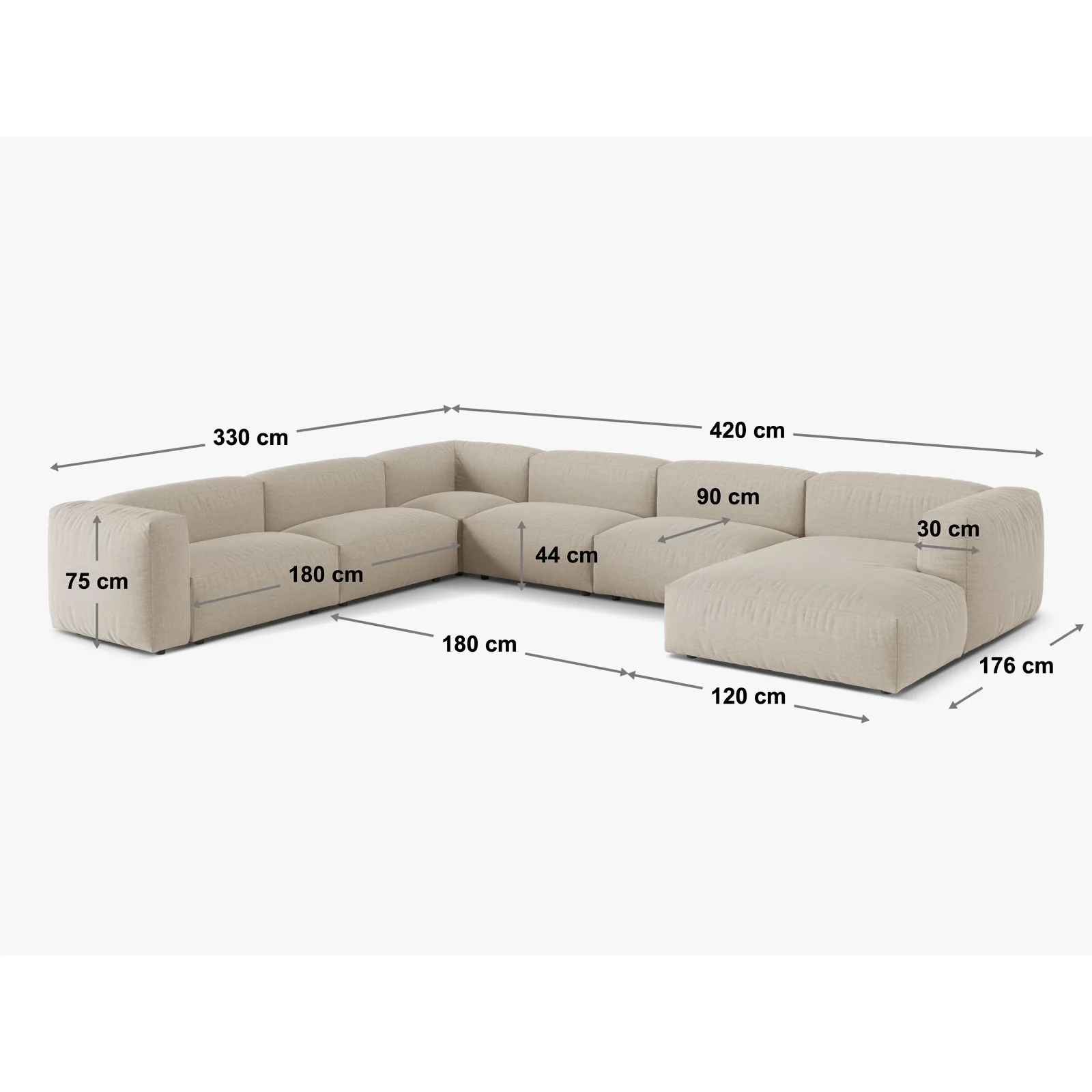 Martina modulares Panoramasofa, Rechte Seite, Sitztiefe 90 cm, aus Samt, Cord, Boucle oder Strukturstoff, 420x330 cm - Image 68
