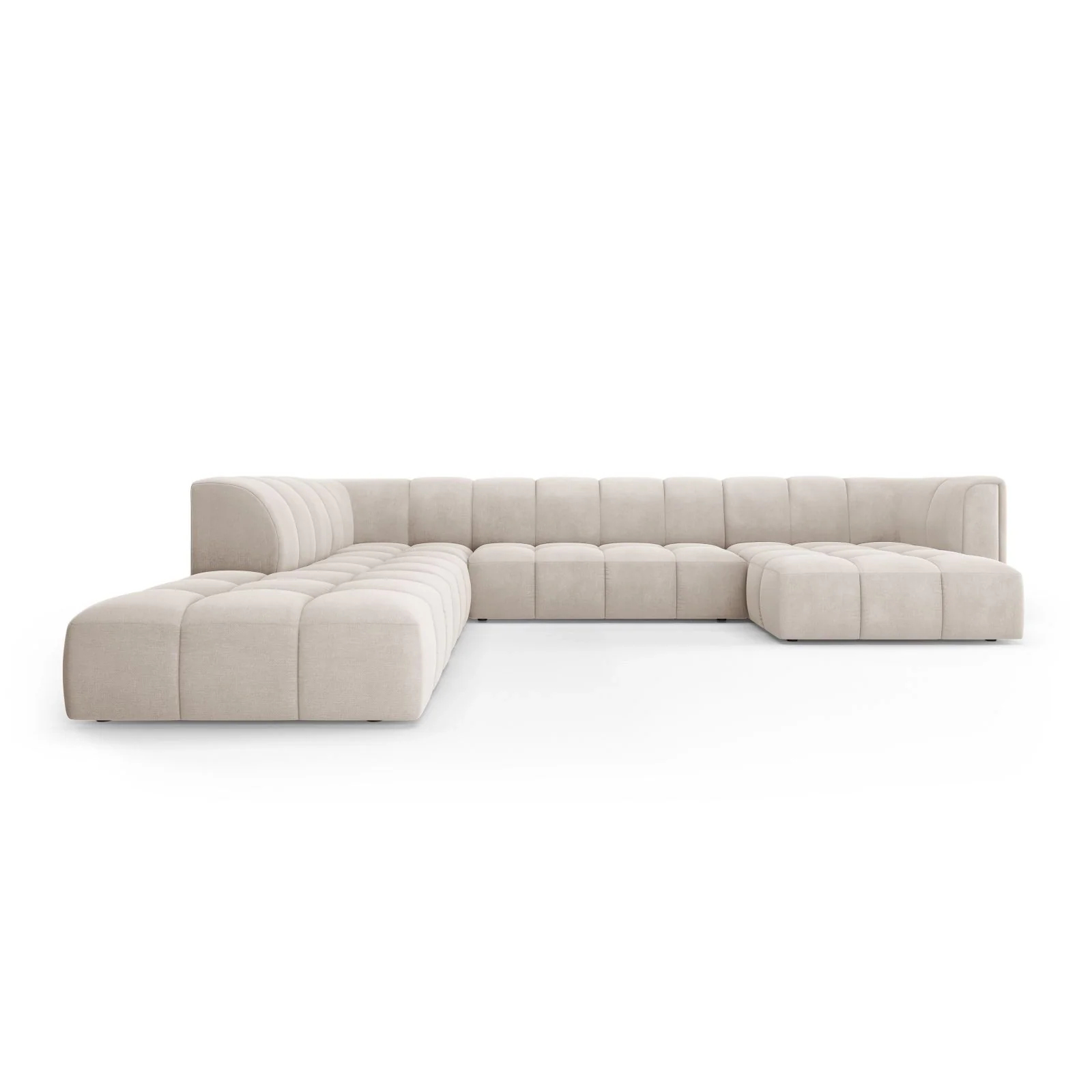 Moritz 7-Sitzer Panorama Ecksofa, Linke Seite, aus Samt oder Chenille, 329x276x70 cm