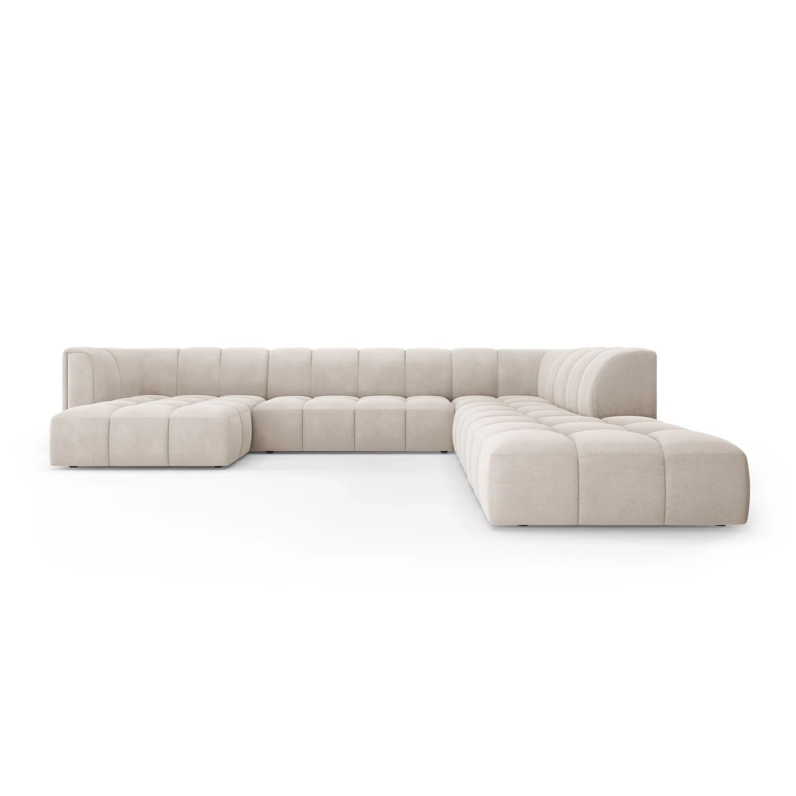Moritz 7-Sitzer Panorama Ecksofa, Rechte Seite, aus Samt oder Chenille, 329x276x70 cm