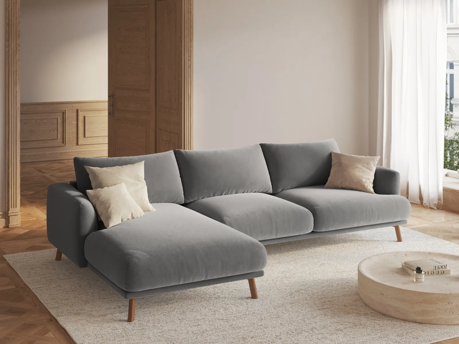 Naomi 4-Sitzer Ecksofa, Linke Seite, aus Samt oder Strukturstoff, 285x170 cm - Image 44