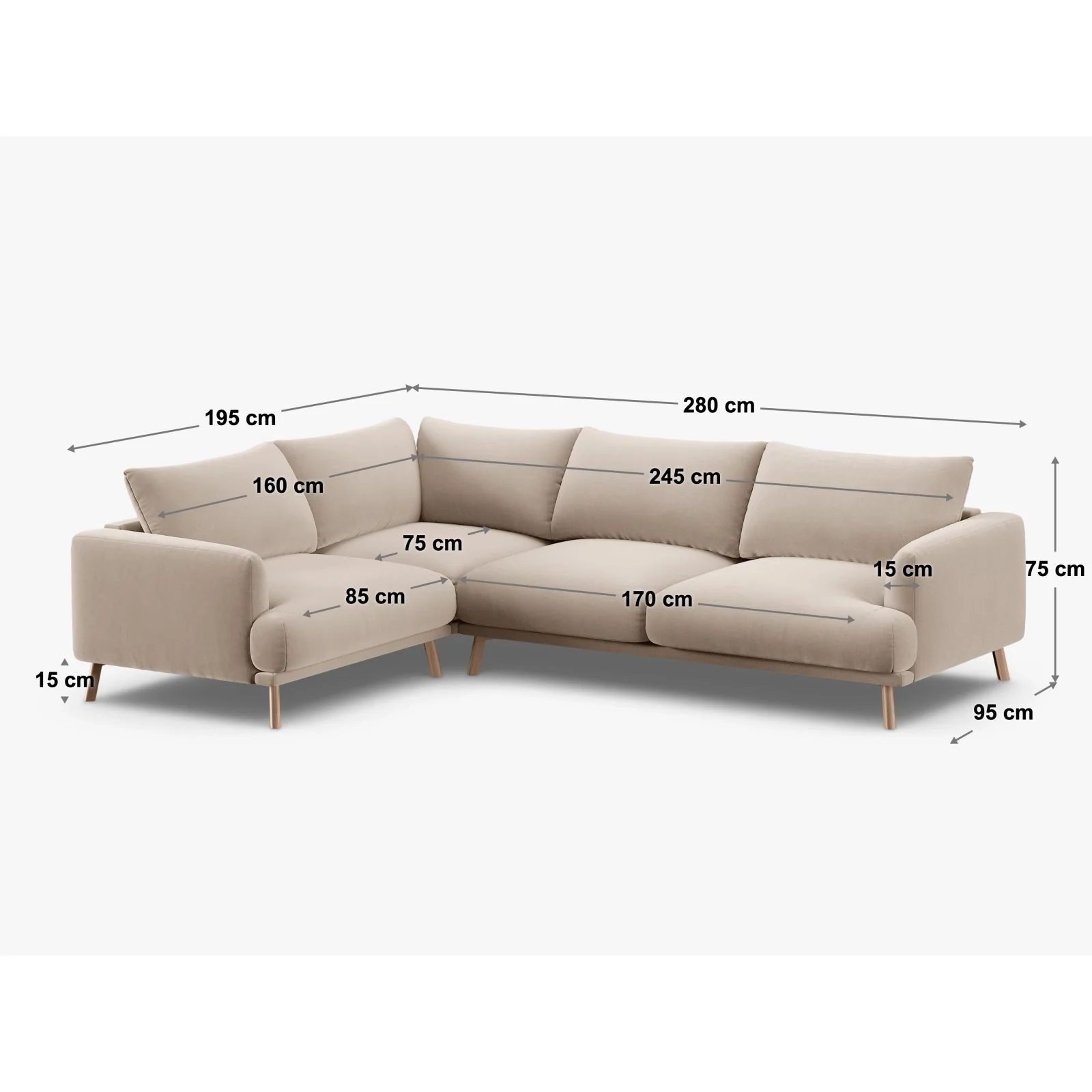 Naomi 4-Sitzer Ecksofa, Rechte Seite, aus Samt oder Strukturstoff, 280x195 cm - Image 9