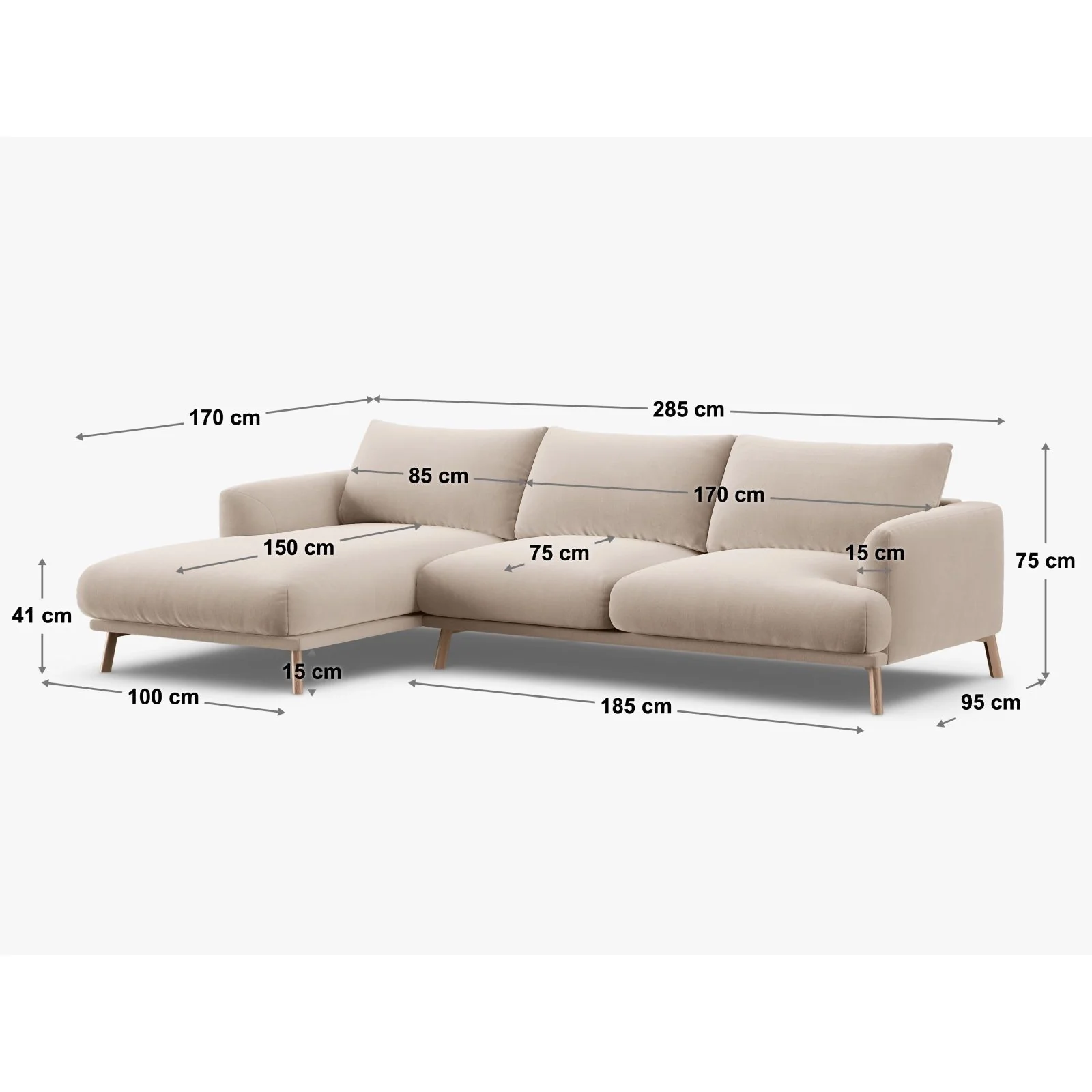 Naomi 4-Sitzer Ecksofa, Rechte Seite, aus Samt oder Strukturstoff, 285x170 cm - Image 33