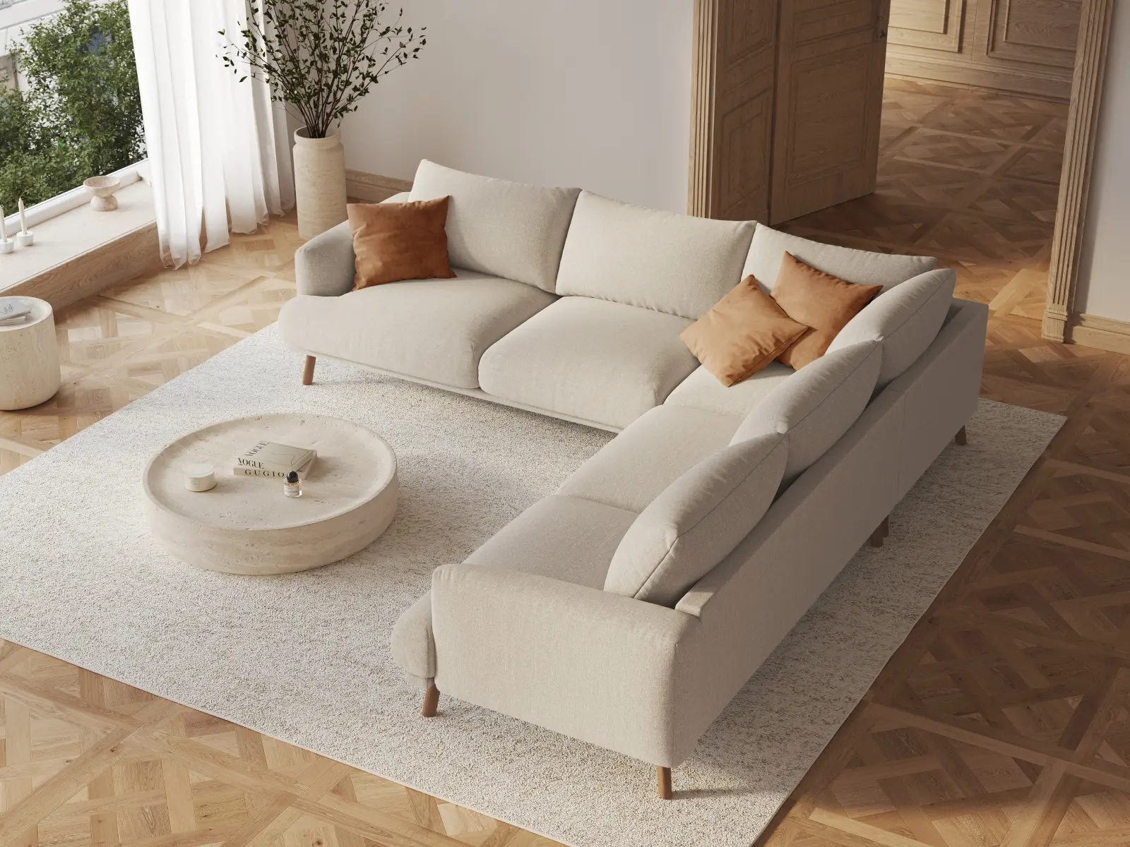 Naomi 5-Sitzer Ecksofa, Symmetrisch, aus Samt oder Strukturstoff, 280x280 cm - Image 2