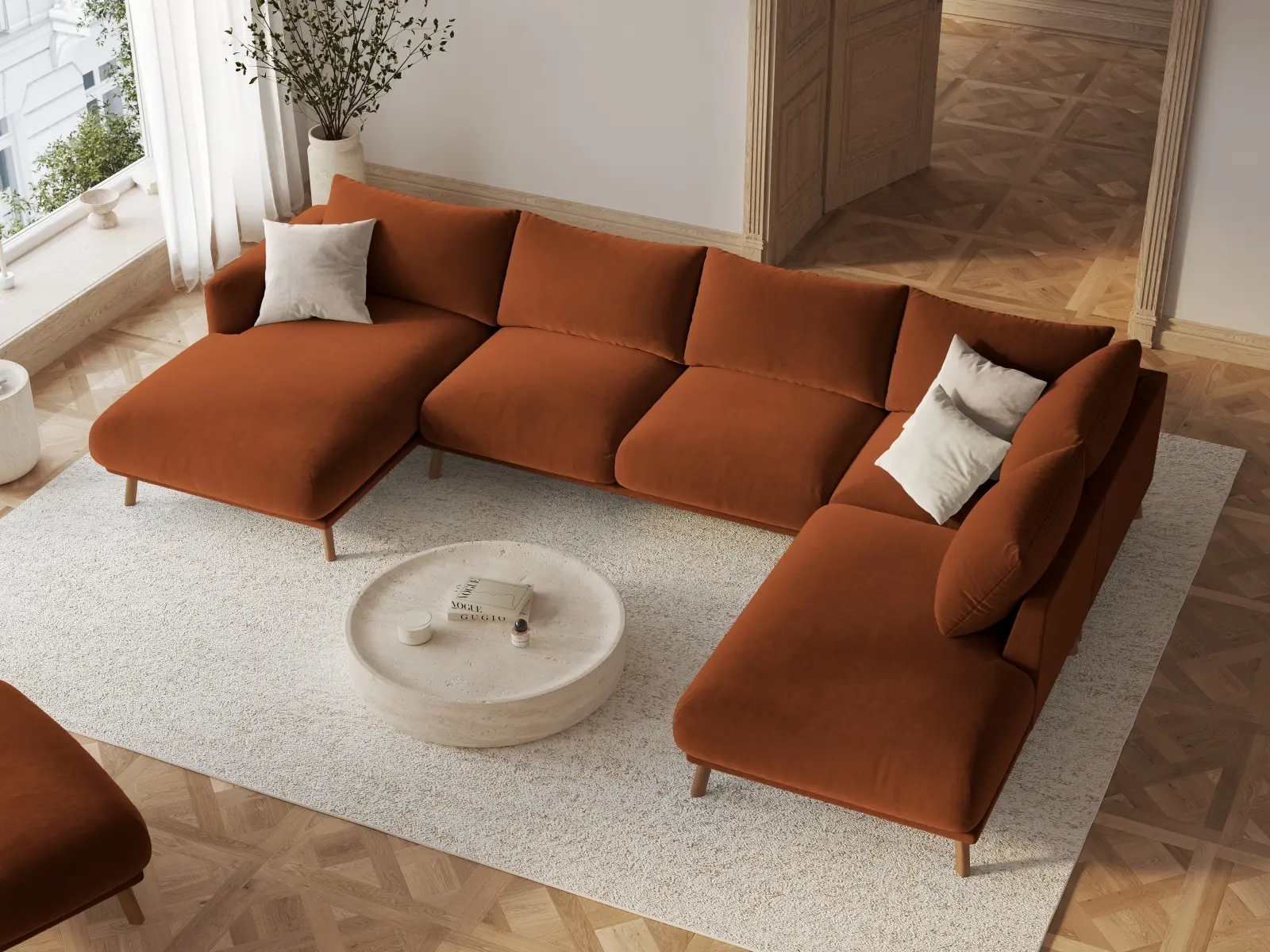 Naomi 6-Sitzer Panoramasofa, Rechte Seite, aus Samt oder Strukturstoff, 365x235 cm - Image 50