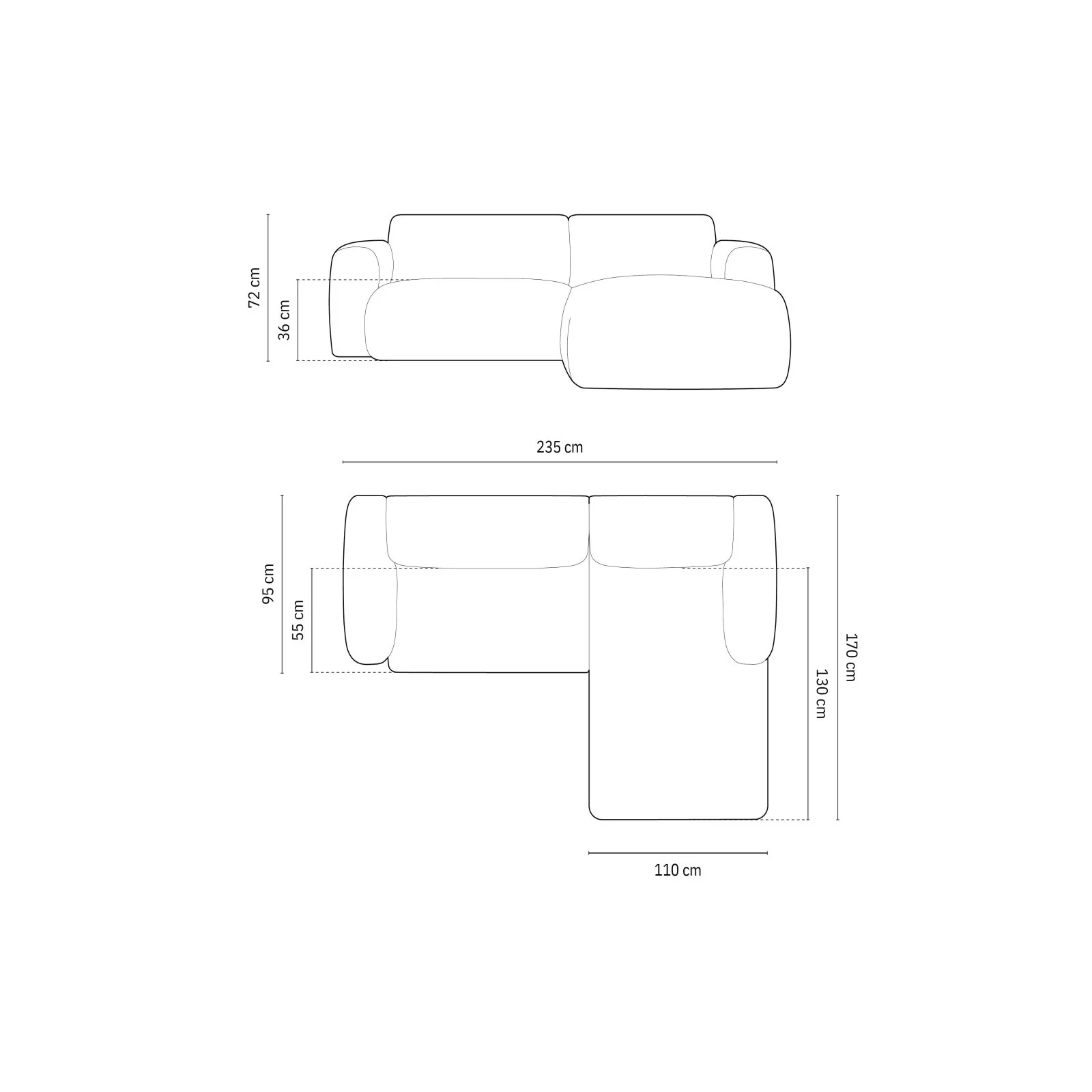 Nolio 4-Sitzer Ecksofa, Rechte Seite, aus Samt oder Chenille, 235x170x72 cm - Image 3