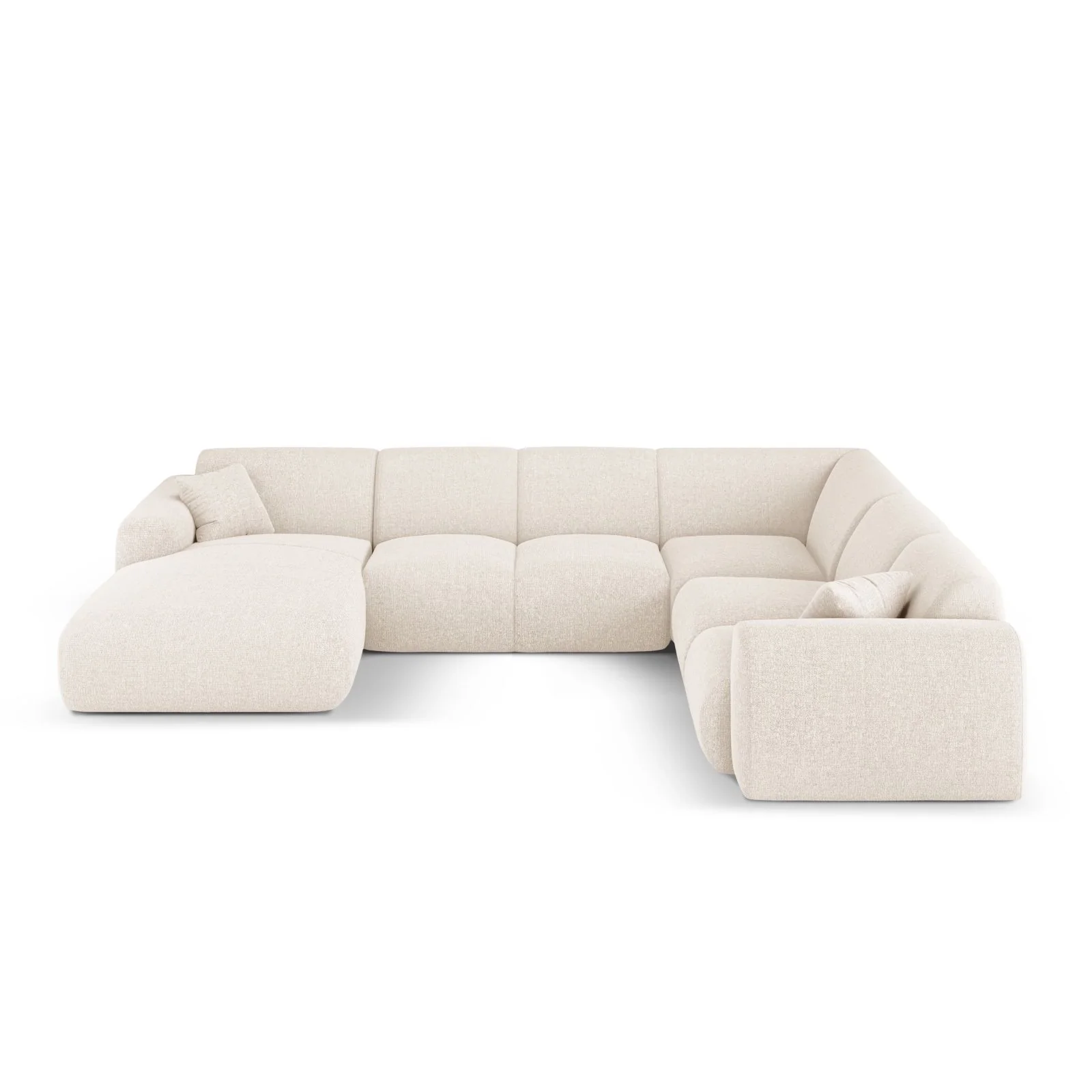 Nolio 6-Sitzer Panorama Ecksofa, Rechte Seite, aus Samt oder Chenille, 342x252x72 cm