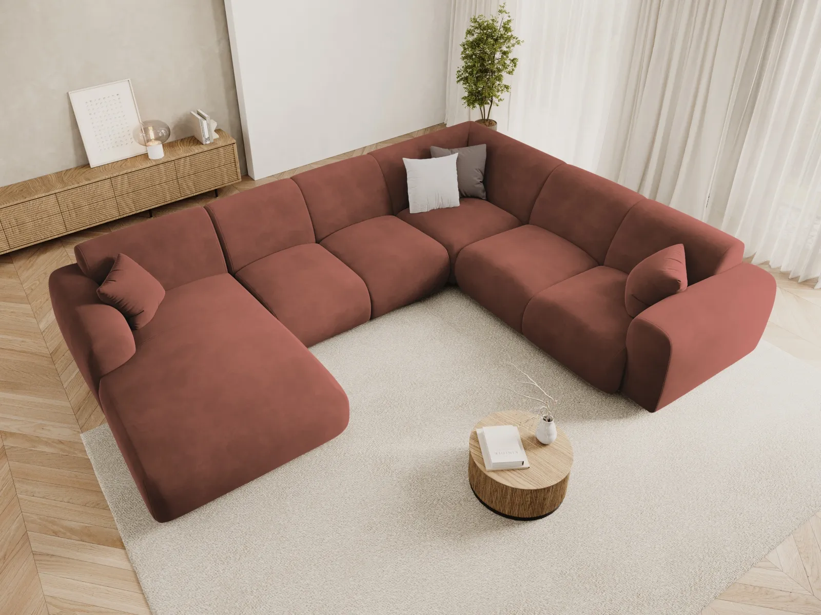 Nolio 6-Sitzer Panorama Ecksofa, Rechte Seite, aus Samt oder Chenille, 342x252x72 cm - Image 62