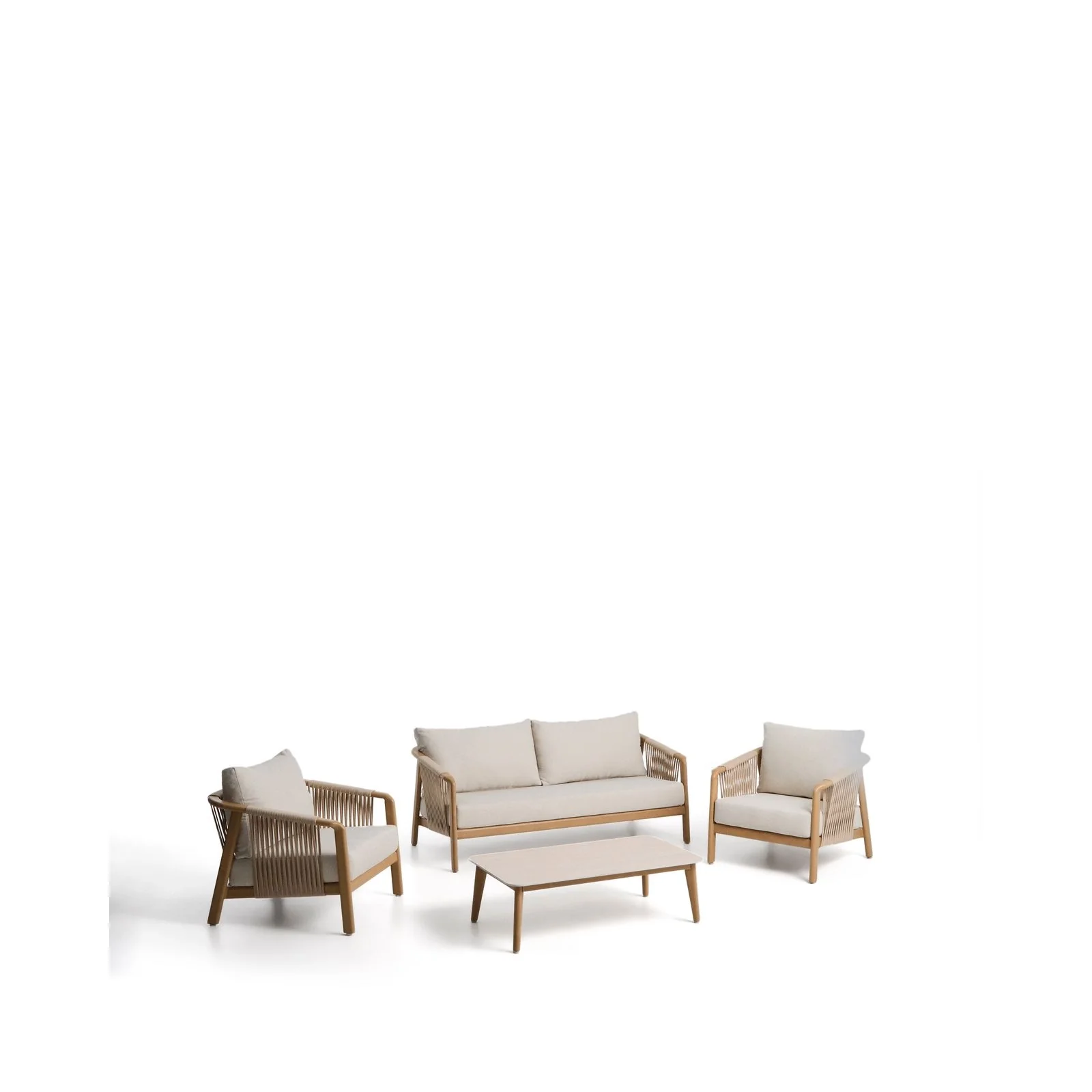 Outdoor-Set Sirte mit 3-Sitzer-Sofa, 2 Sesseln und Tisch aus Aluminium in Holzoptik und écrufarbenen Kissen