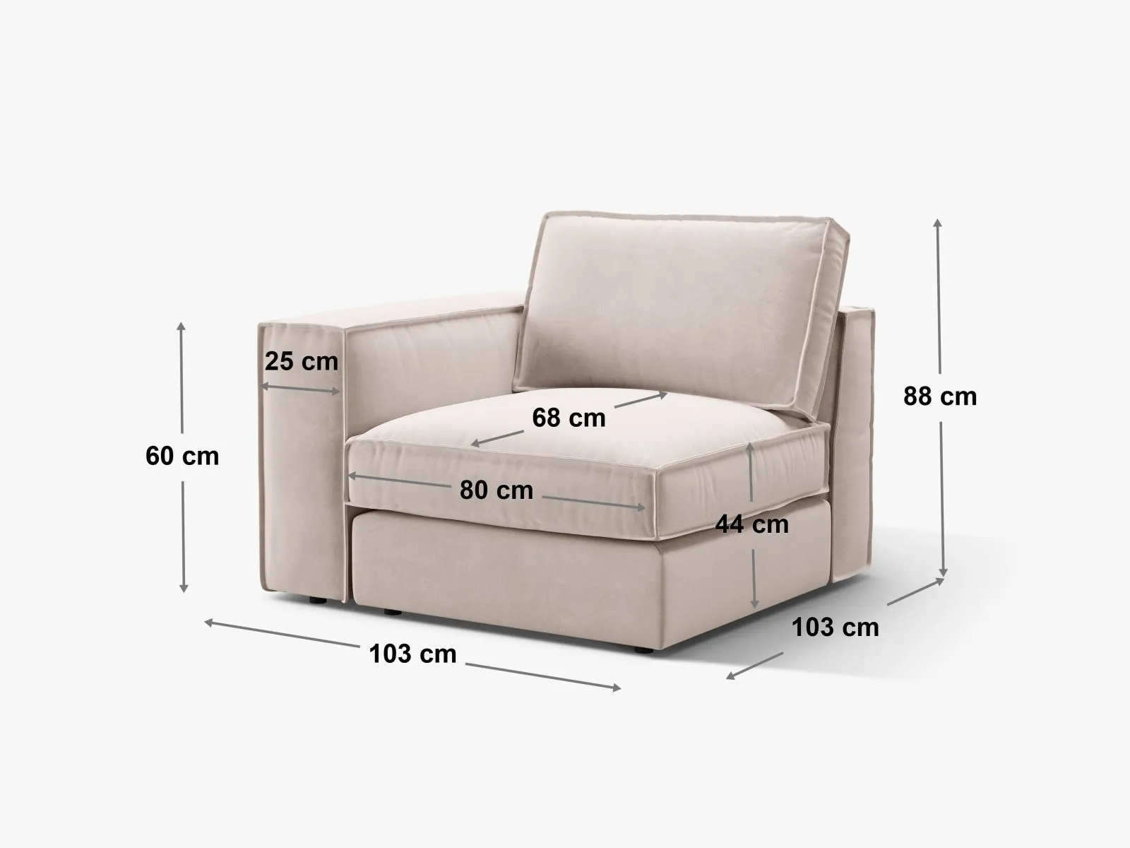 Pola Modulares 1-Sitzer Sofa Sitzelement, Rechte Seite, aus Samt oder Strukturstoff, 103x103 cm - Image 72