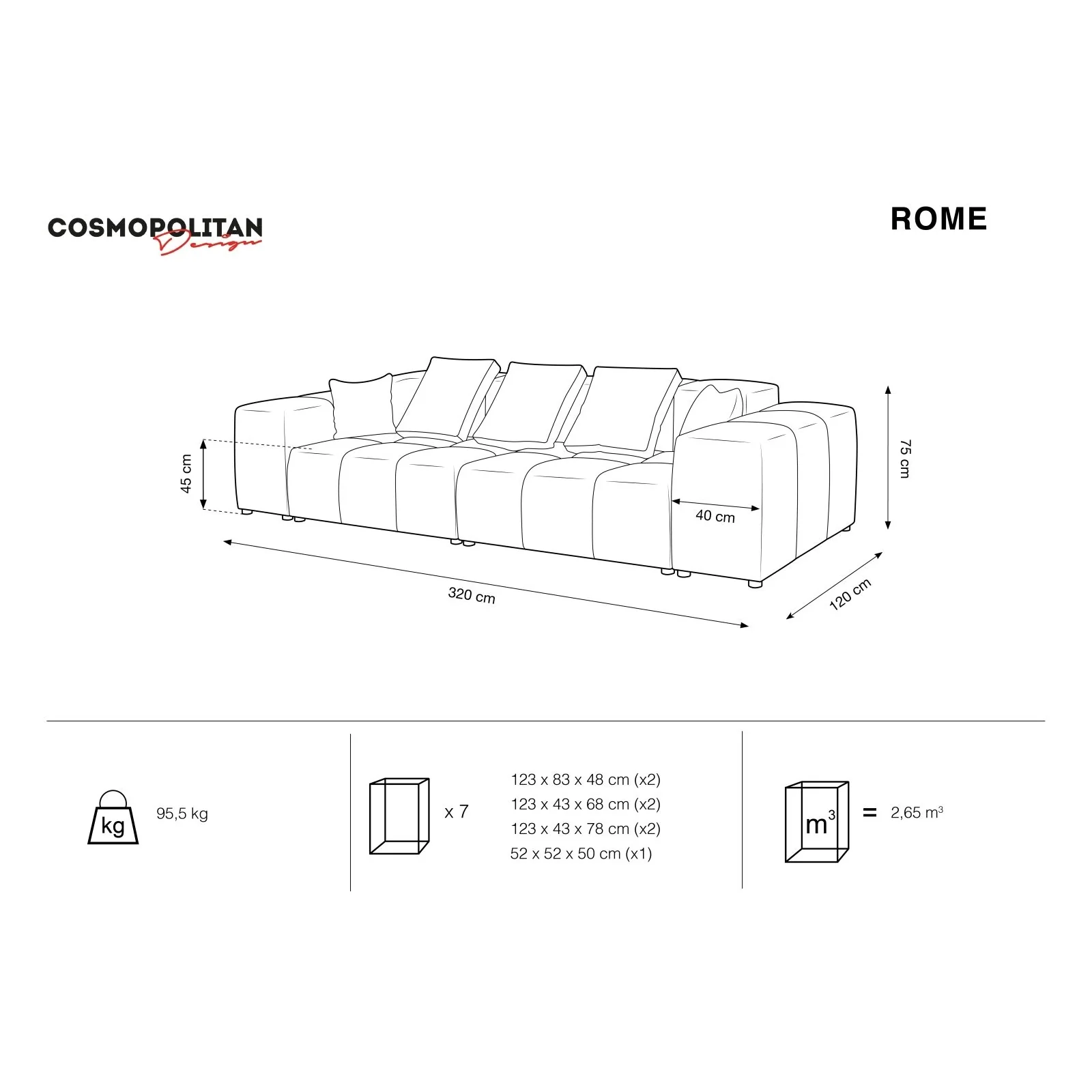 Rome 3-Sitzer Sofa aus Samt oder Strukturstoff, 320x120x75 cm - Image 26