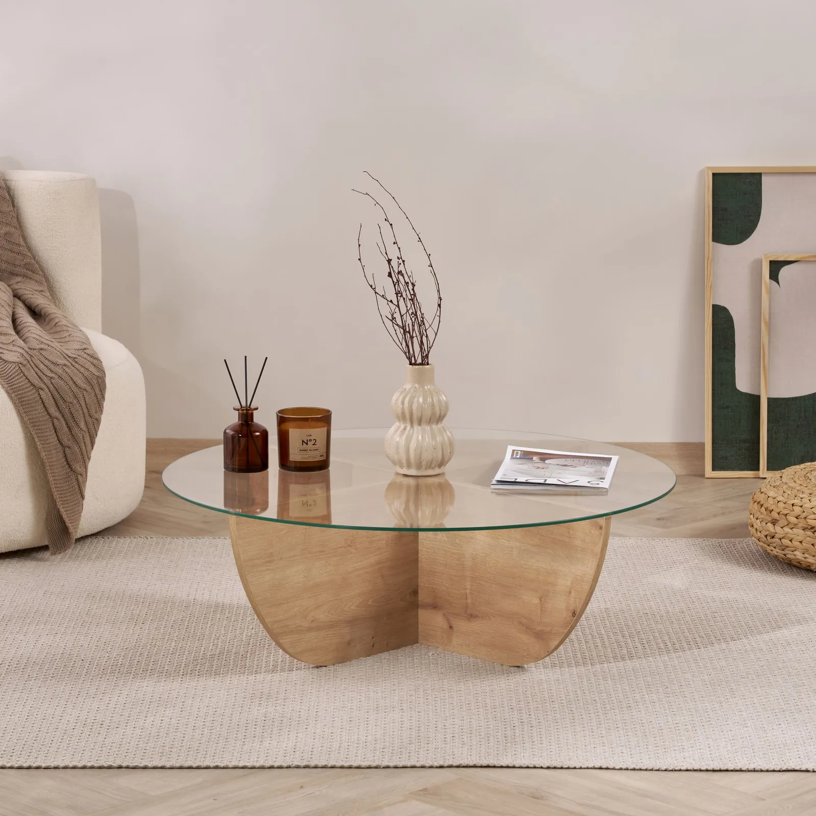 Runder Couchtisch Liya aus Glas und Holz 90Ø - Image 12