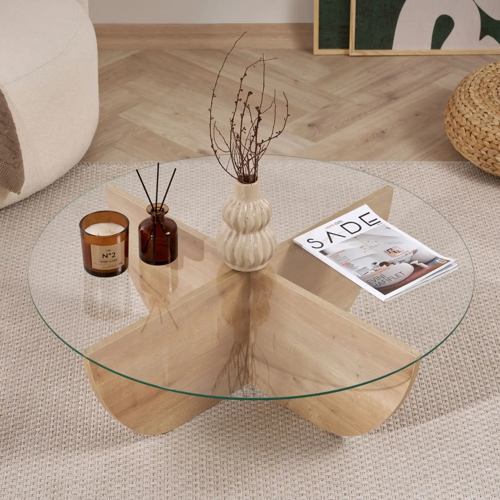 Runder Couchtisch Liya aus Glas und Holz 90Ø - Image 13