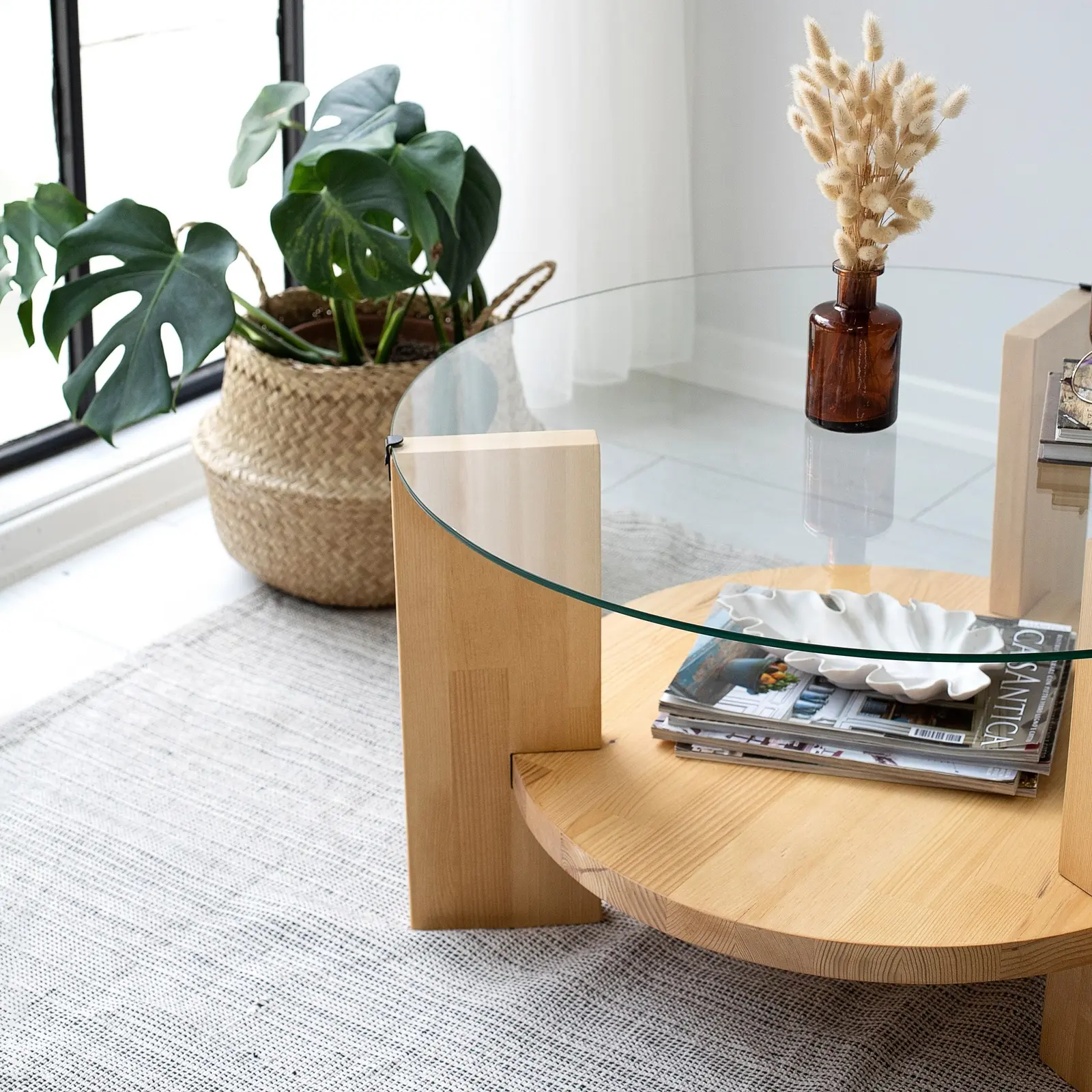 Runder Couchtisch Mahal aus massivem Kieferholz und gehärtetem Glas, 75×75×40 cm - Image 10
