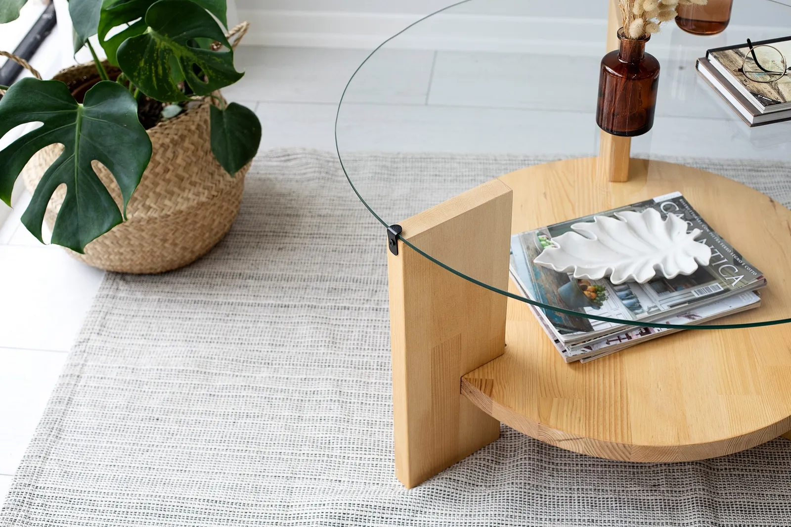 Runder Couchtisch Mahal aus massivem Kieferholz und gehärtetem Glas, 75×75×40 cm - Image 11