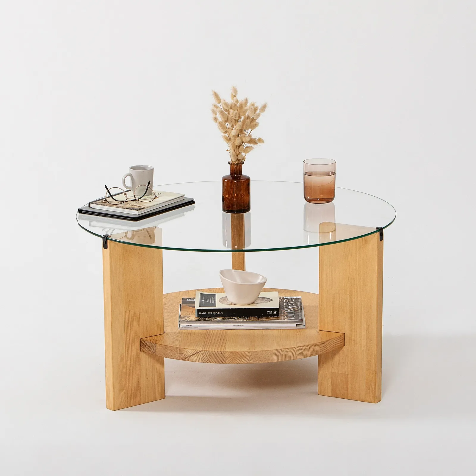 Runder Couchtisch Mahal aus massivem Kieferholz und gehärtetem Glas, 75×75×40 cm - Image 12