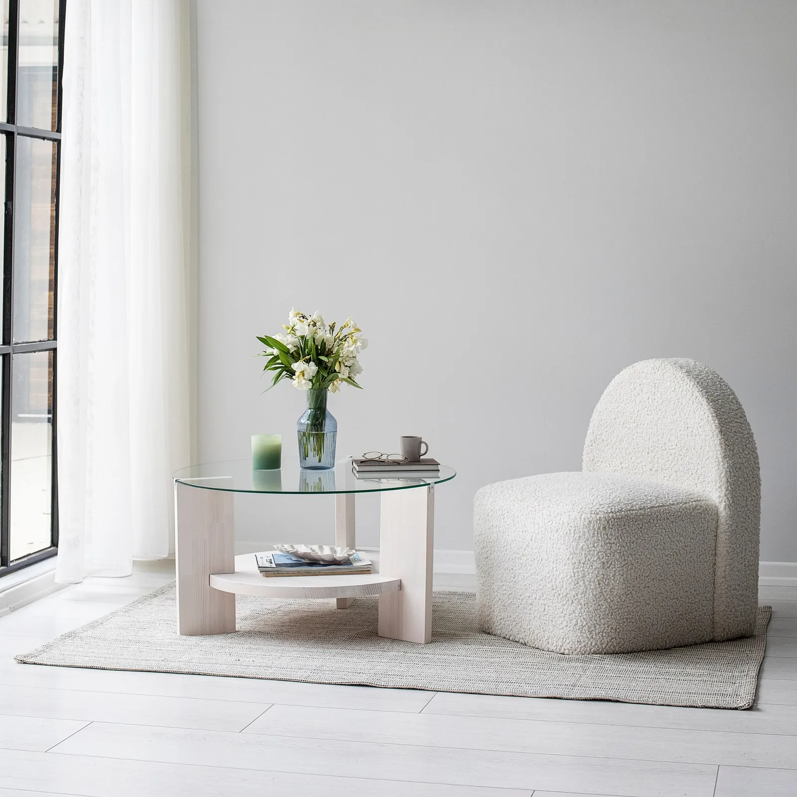Runder Couchtisch Mahal aus massivem Kieferholz und gehärtetem Glas, 75×75×40 cm - Image 3