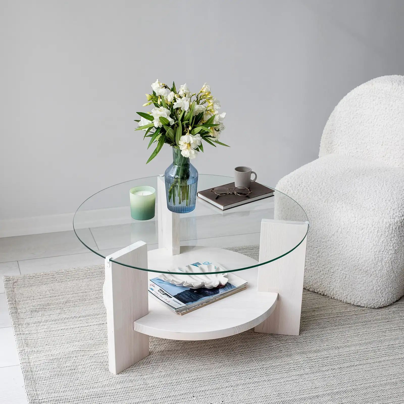 Runder Couchtisch Mahal aus massivem Kieferholz und gehärtetem Glas, 75×75×40 cm - Image 4