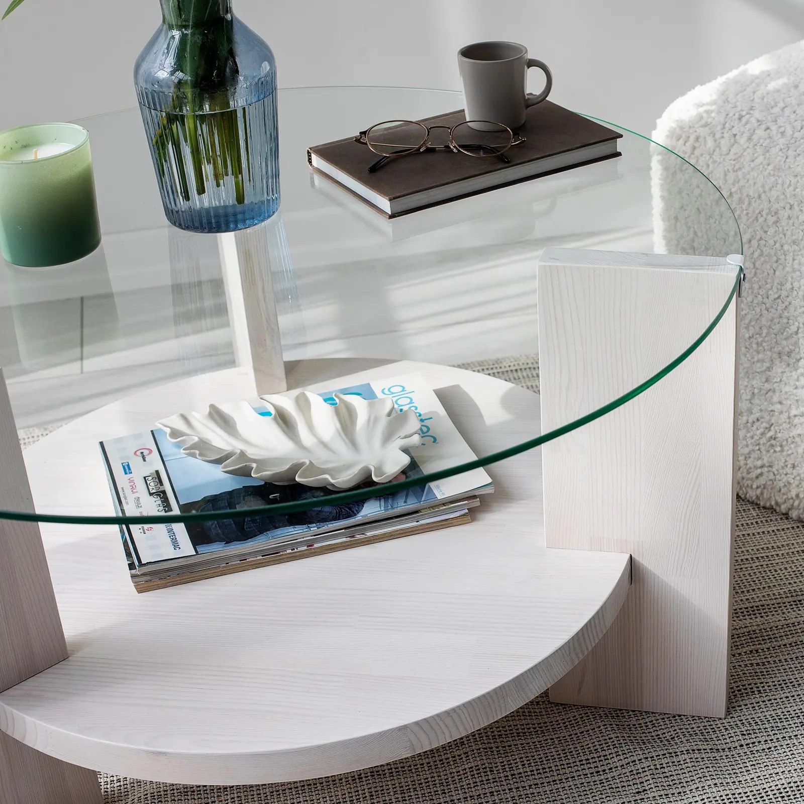 Runder Couchtisch Mahal aus massivem Kieferholz und gehärtetem Glas, 75×75×40 cm - Image 5
