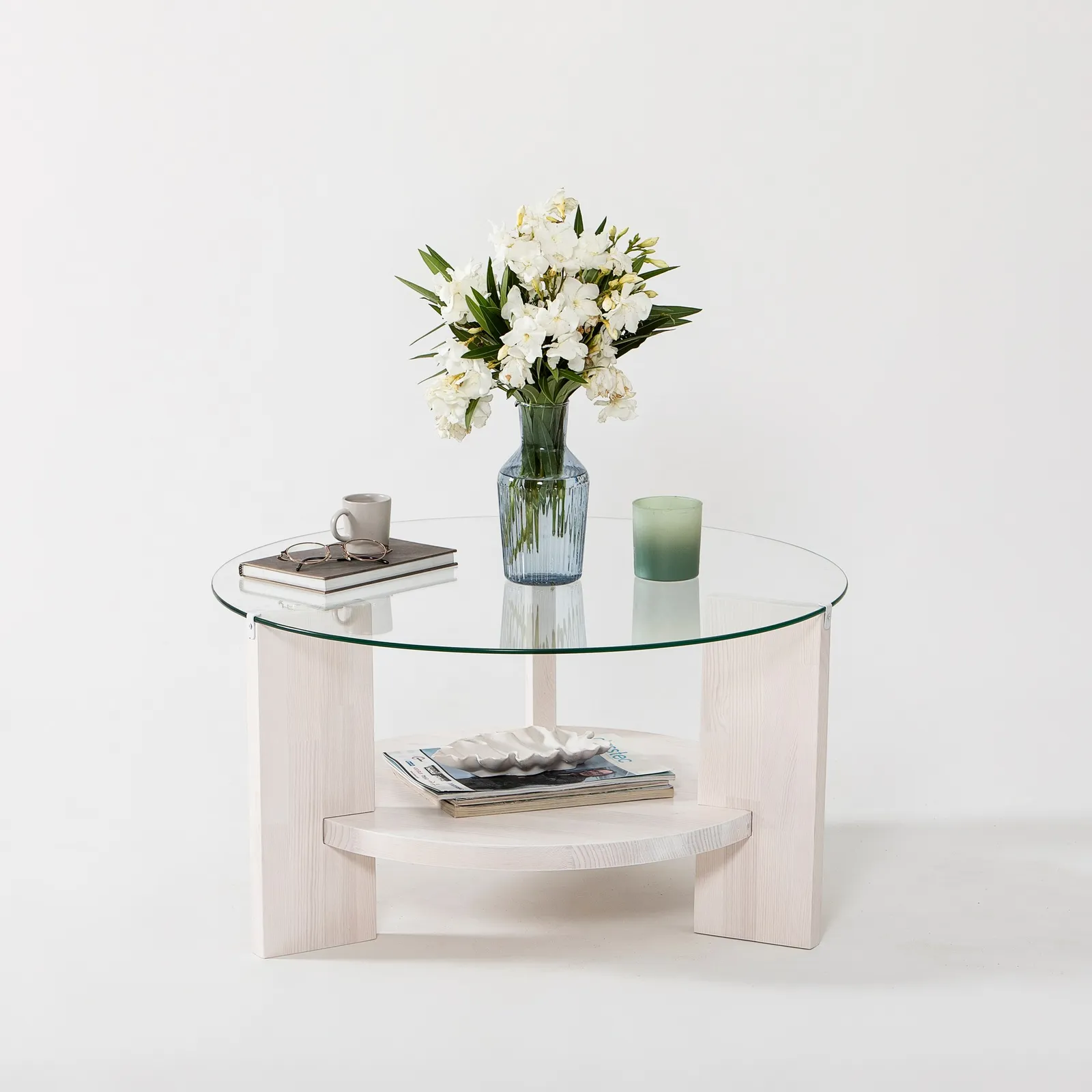 Runder Couchtisch Mahal aus massivem Kieferholz und gehärtetem Glas, 75×75×40 cm - Image 6