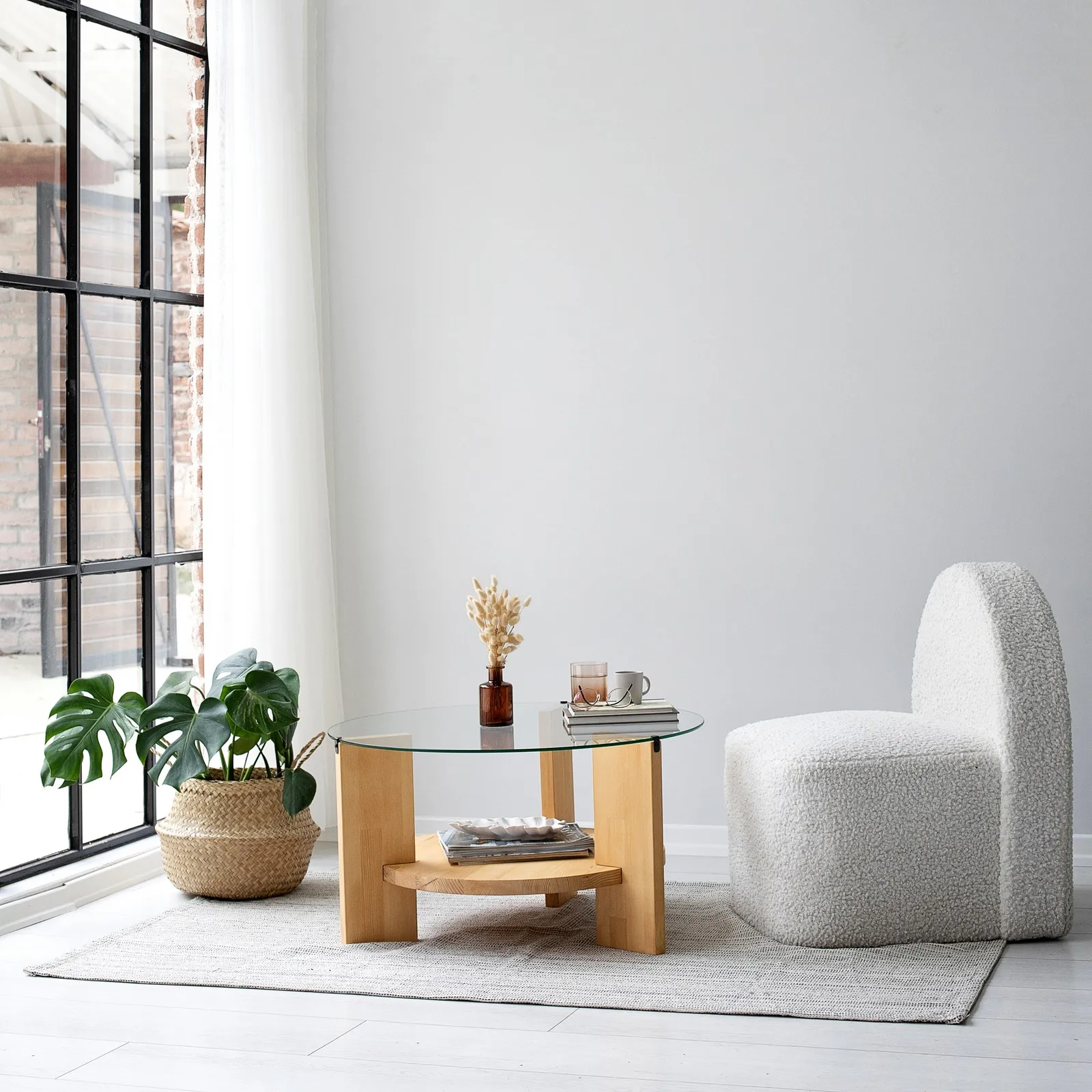 Runder Couchtisch Mahal aus massivem Kieferholz und gehärtetem Glas, 75×75×40 cm - Image 9